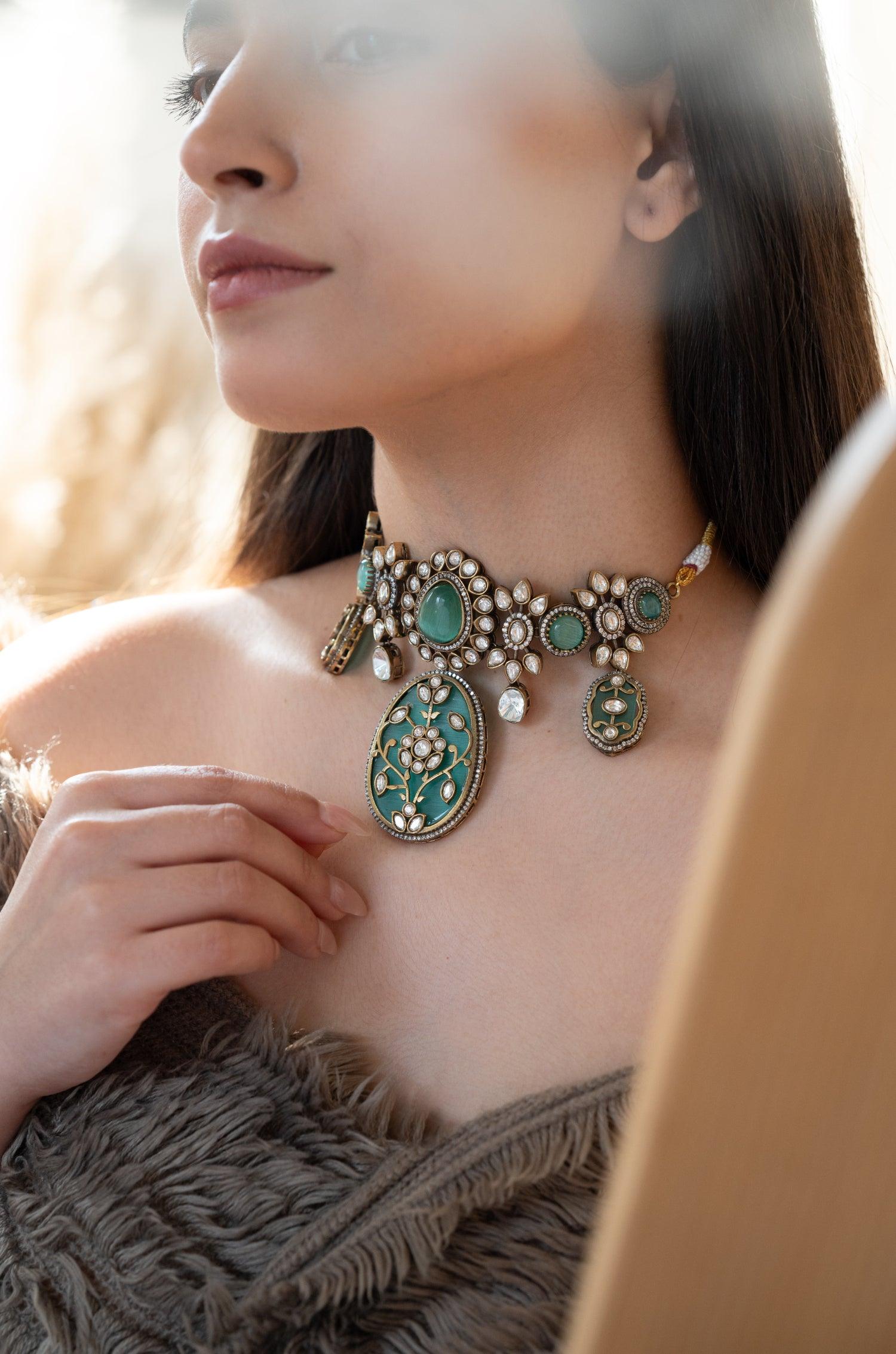 Fluorite Fantasy Polki Necklace Set - Dyulokha