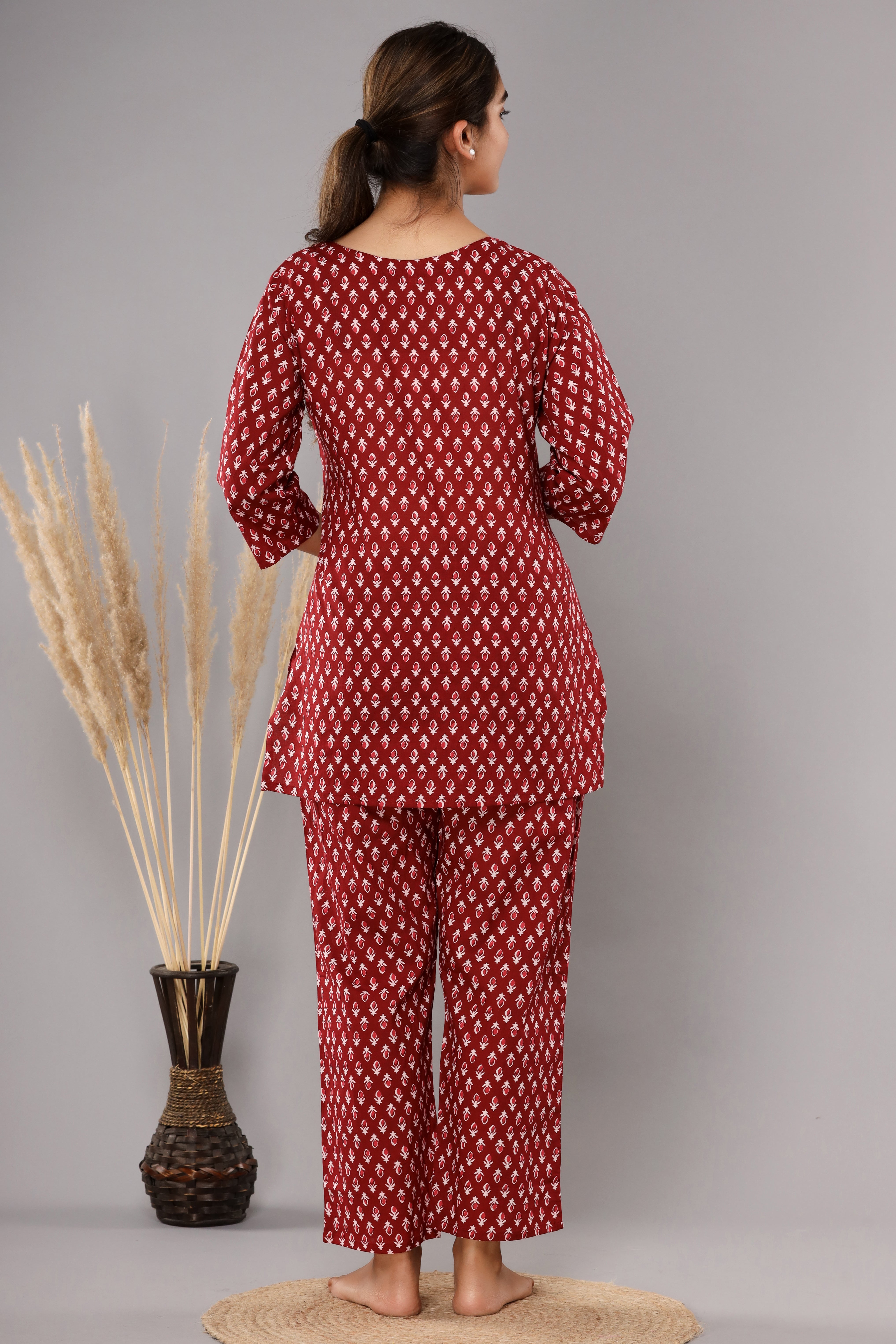 Maroon Floral Printed Cotton Night Suit