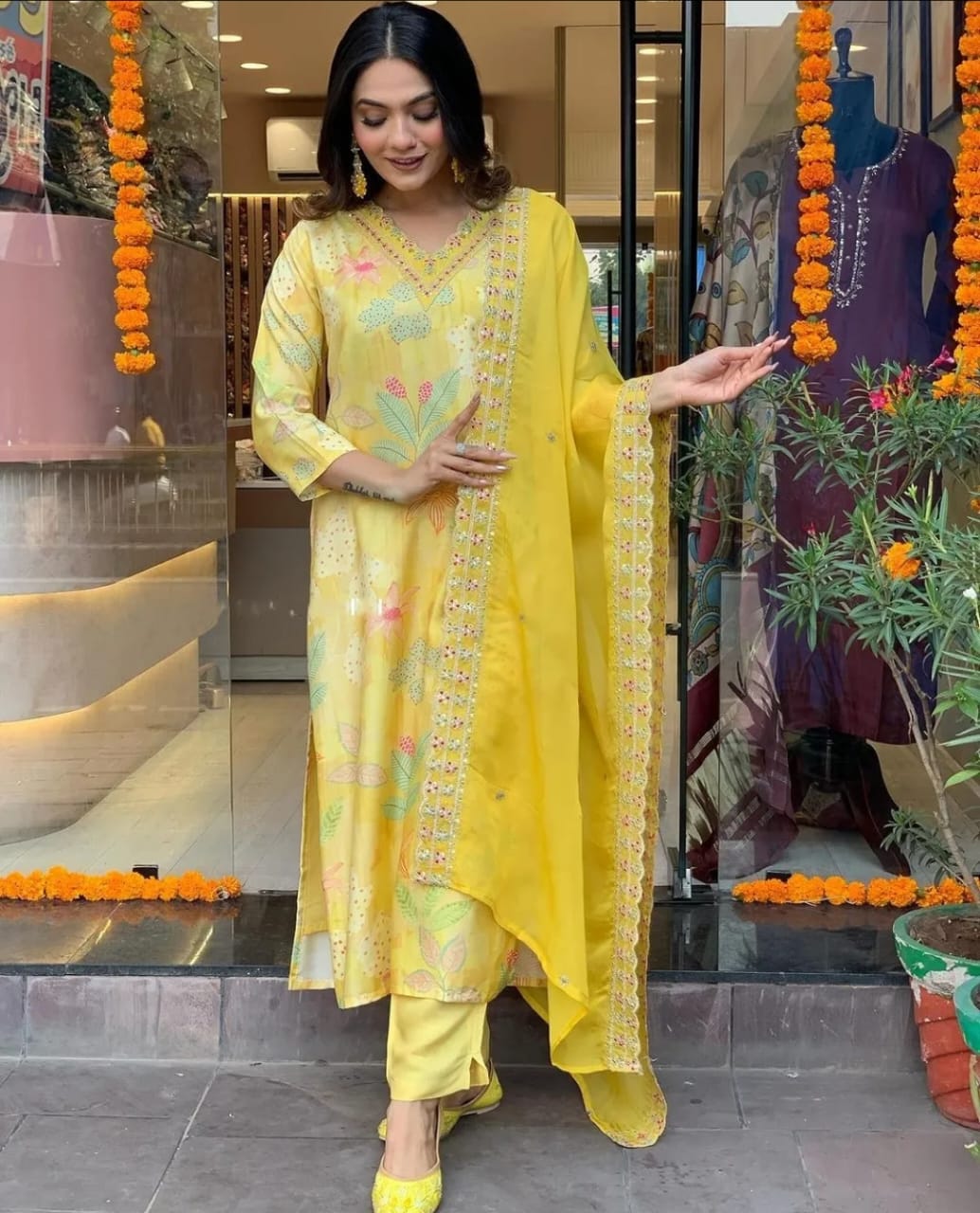 Yellow Chinon Silk Embroidered Kurta Set