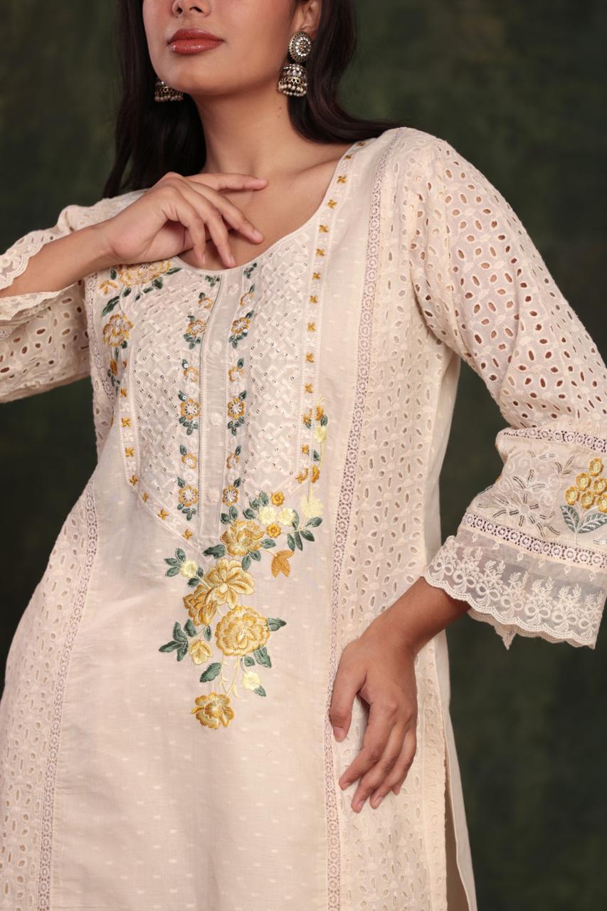 Multicolor Embroidered Cotton Kurta Set