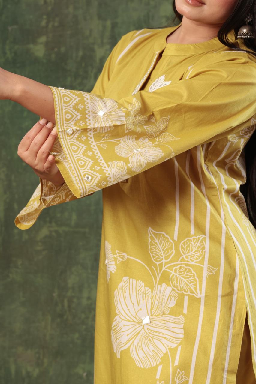 Beige Cotton Mirror Embroidered Kurta Set