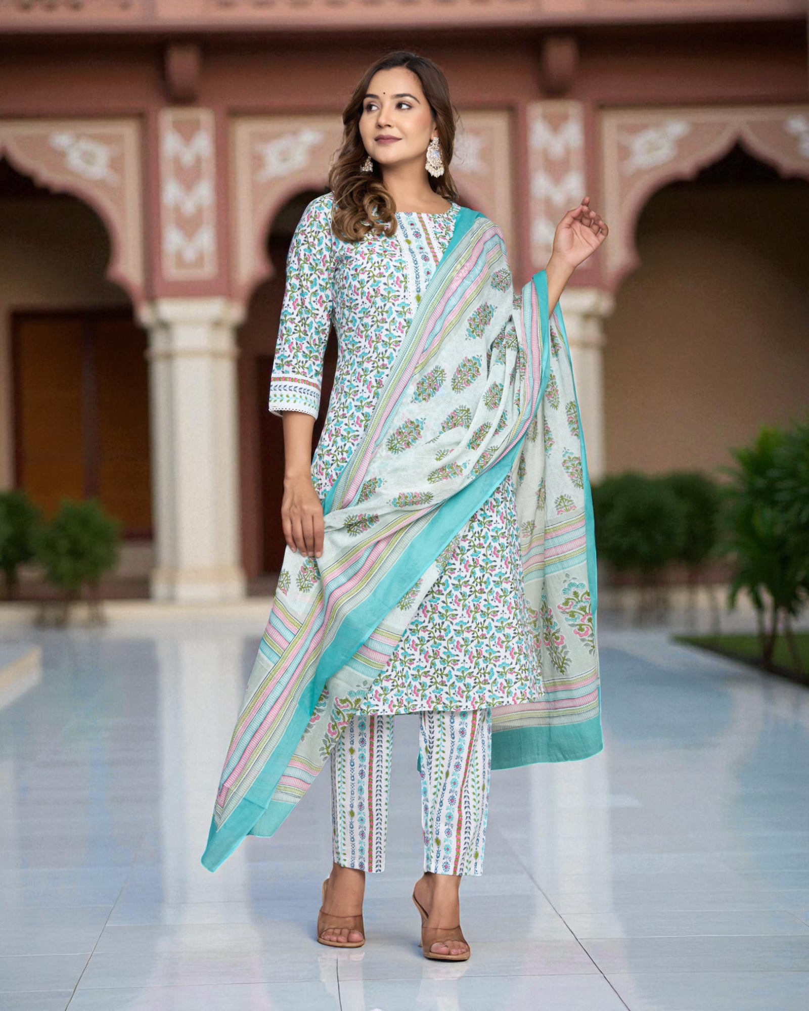 Floral Cotton Kurta Set With Scarf