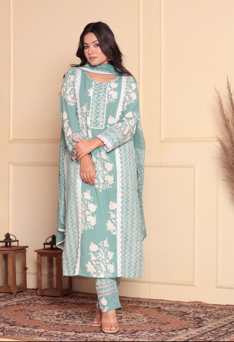 Sequined Cotton Kurta Set with Floral Dupatta