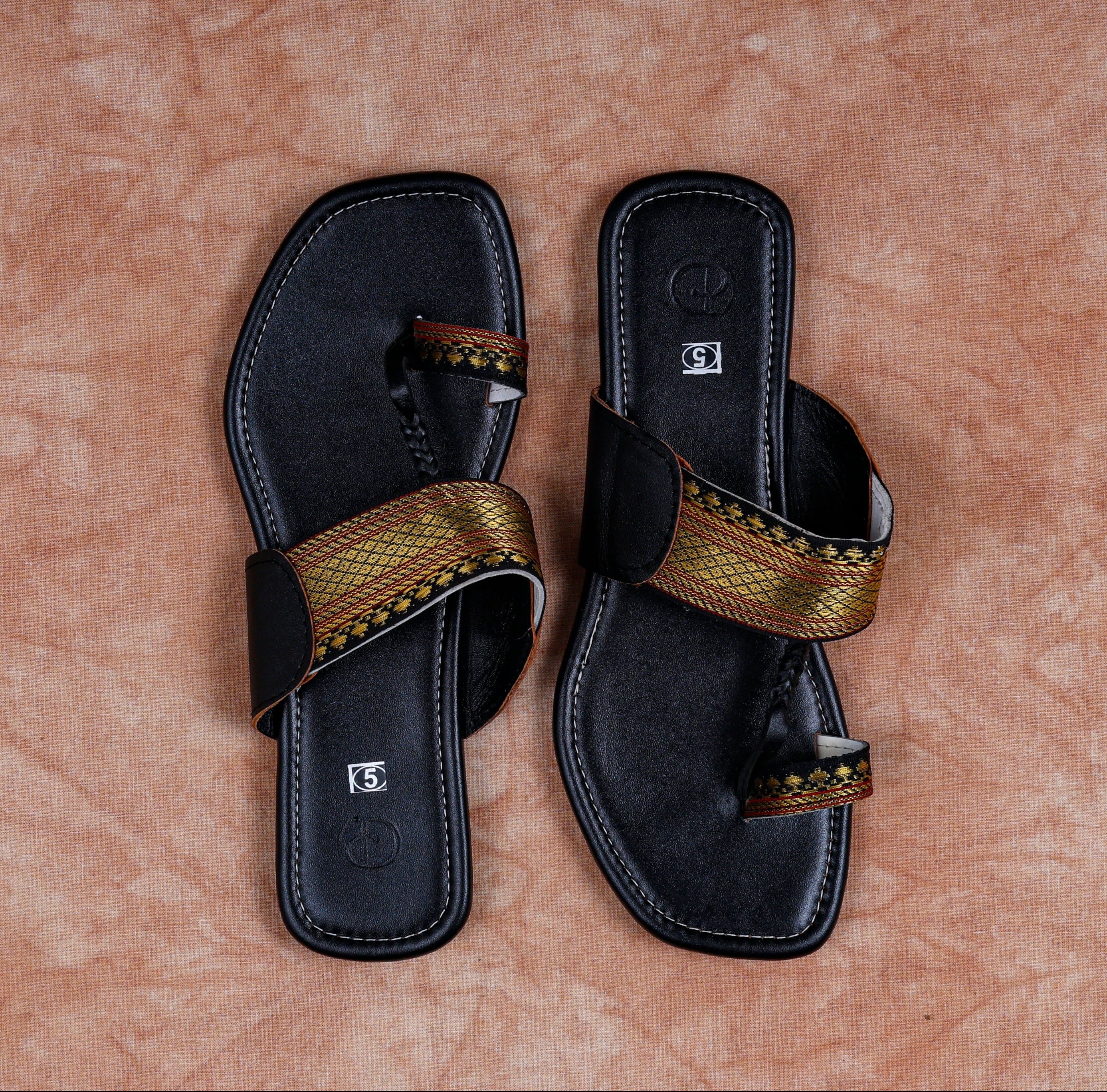 Black Leather Open Toe Ethnic Flats