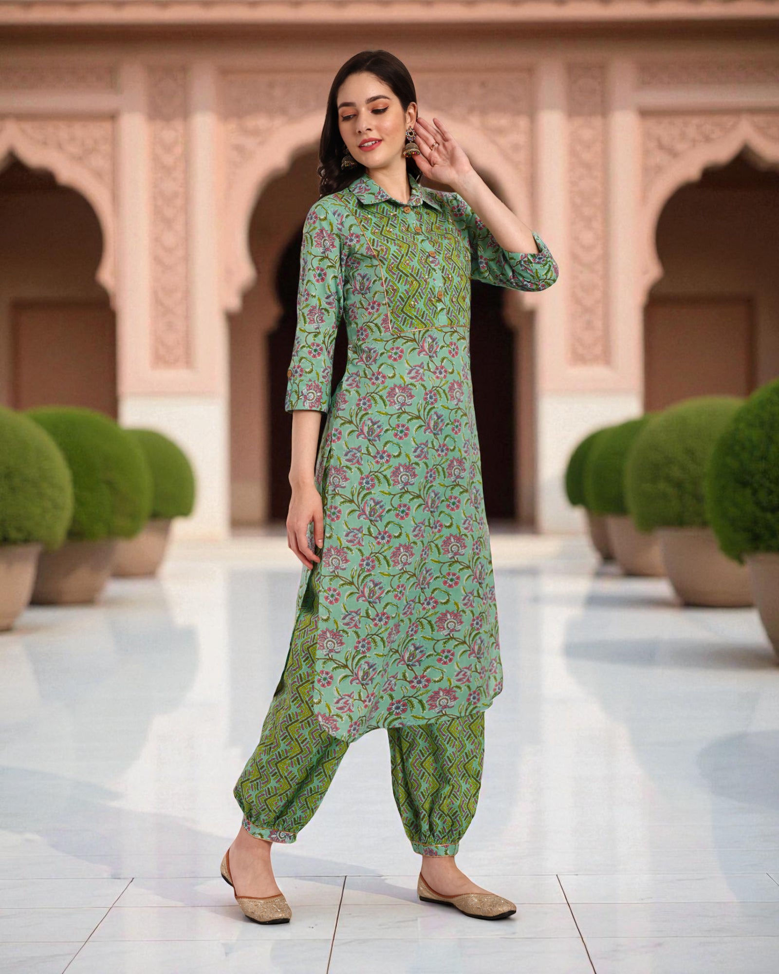 Floral Printed Cotton Kurta Set with Geometric Dupatta