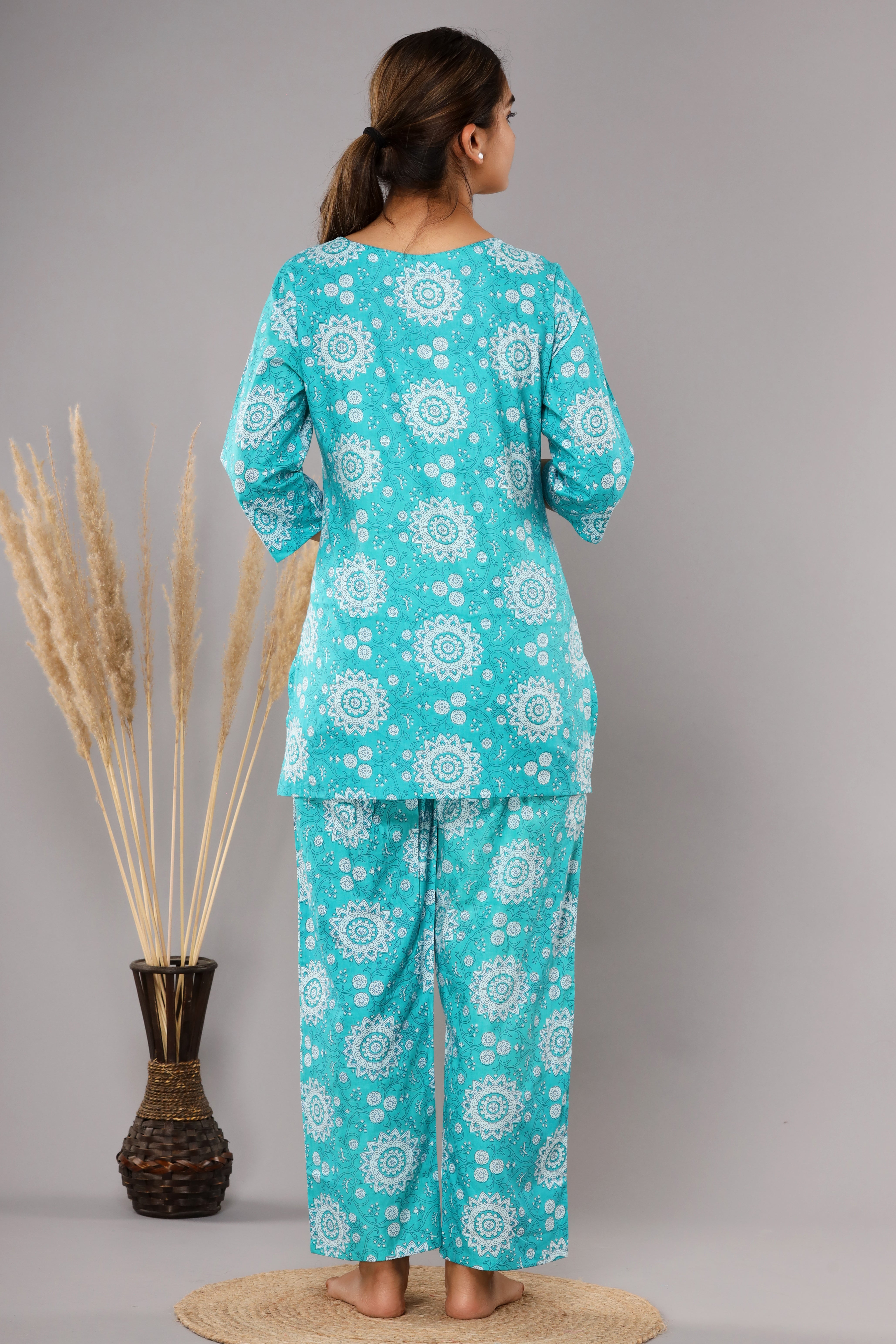 Turquoise Floral Printed Cotton Night Suit