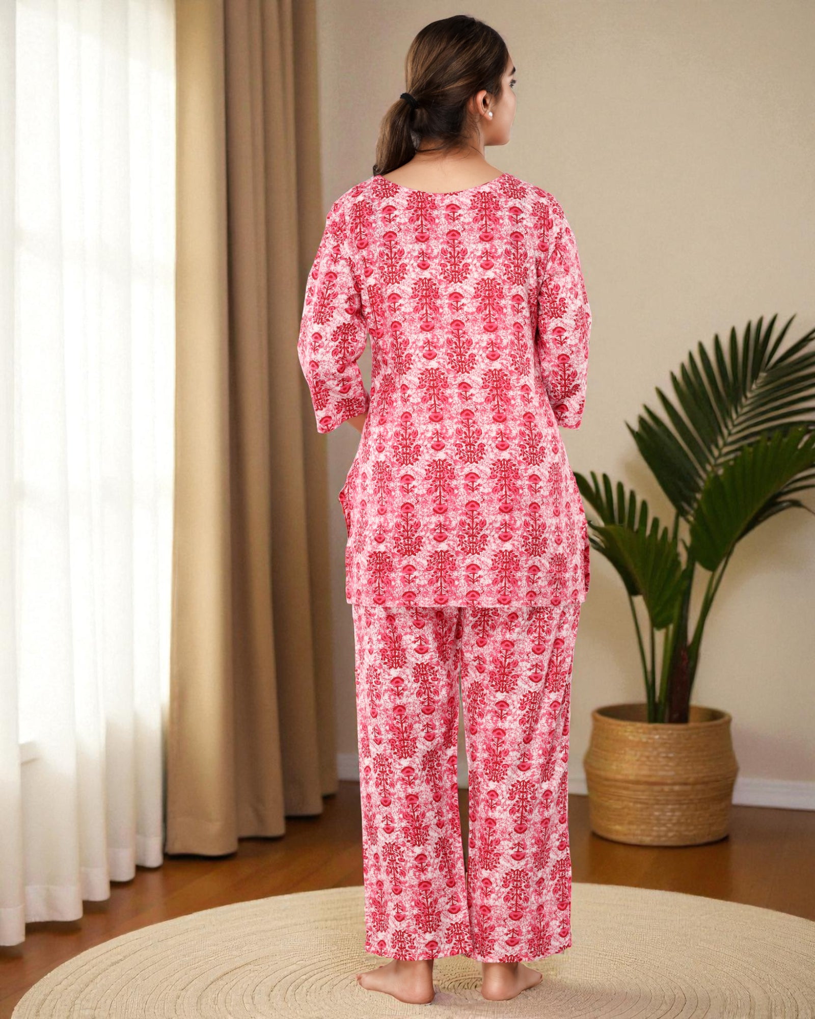 Pink Floral Cotton Night Suit