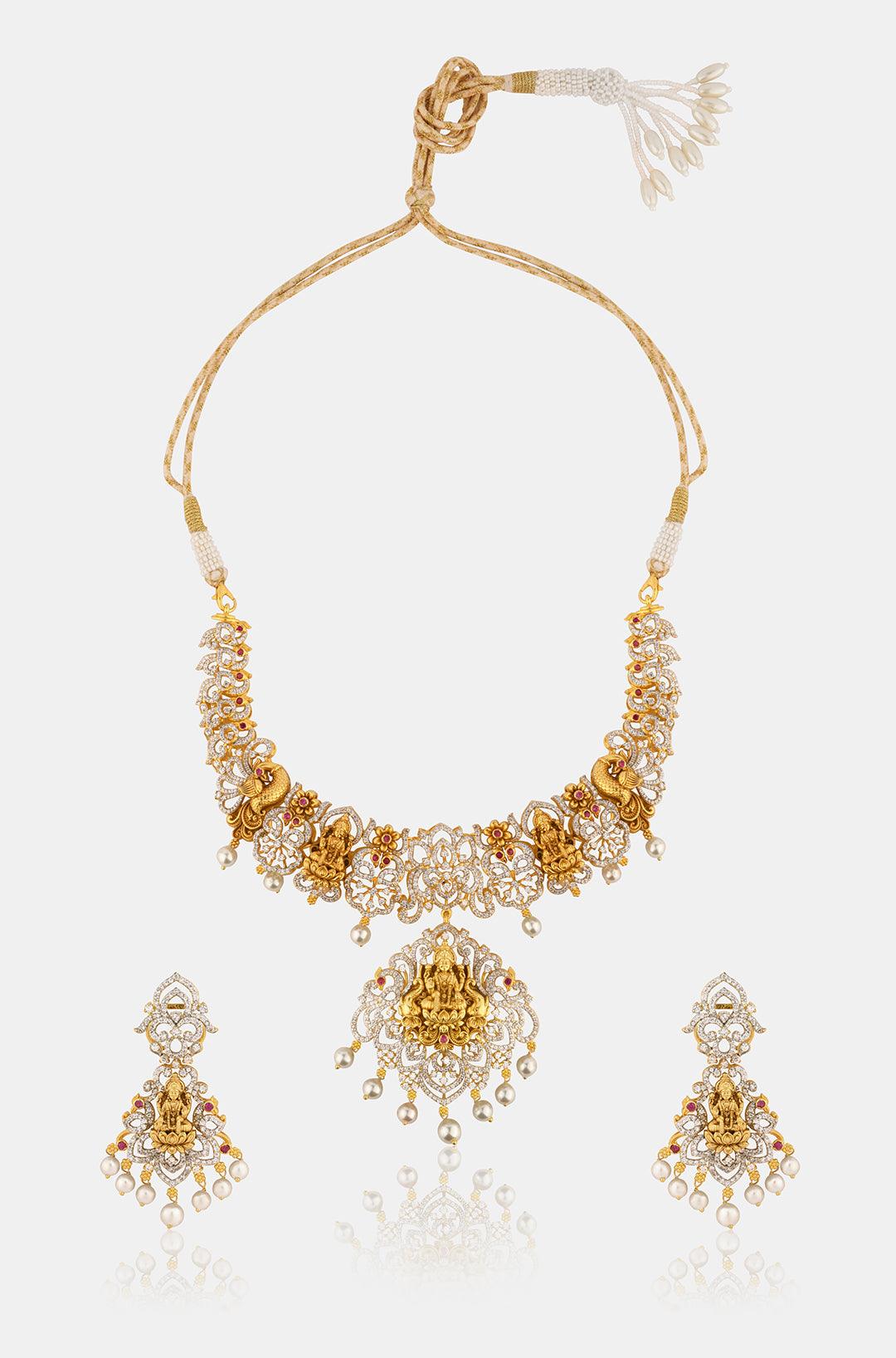 Golden Serenity CZ Temple Necklace Set - Dyulokha