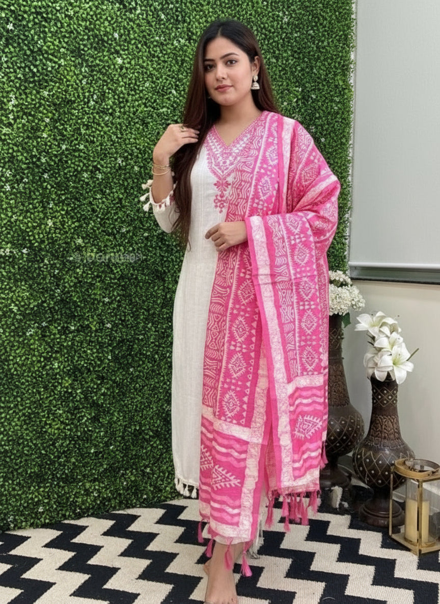 Off-White Silk Three Piece Kurta Set
