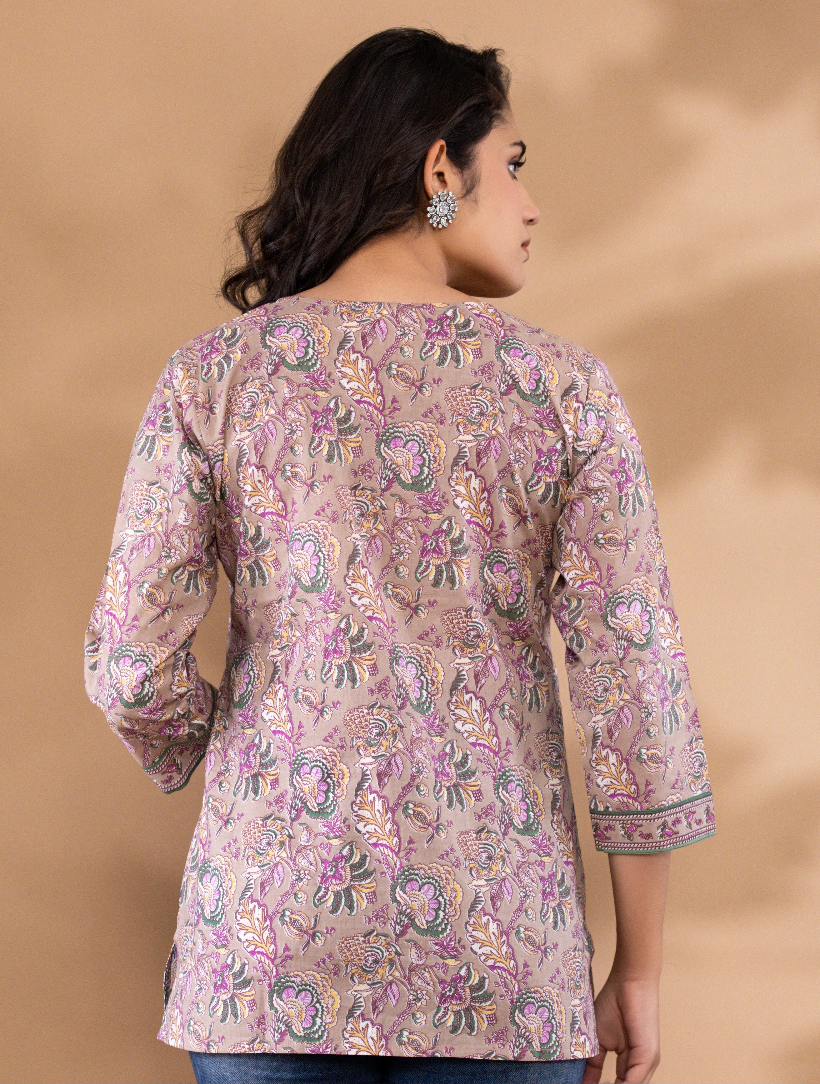 Beige Floral Printed Cotton Kurta