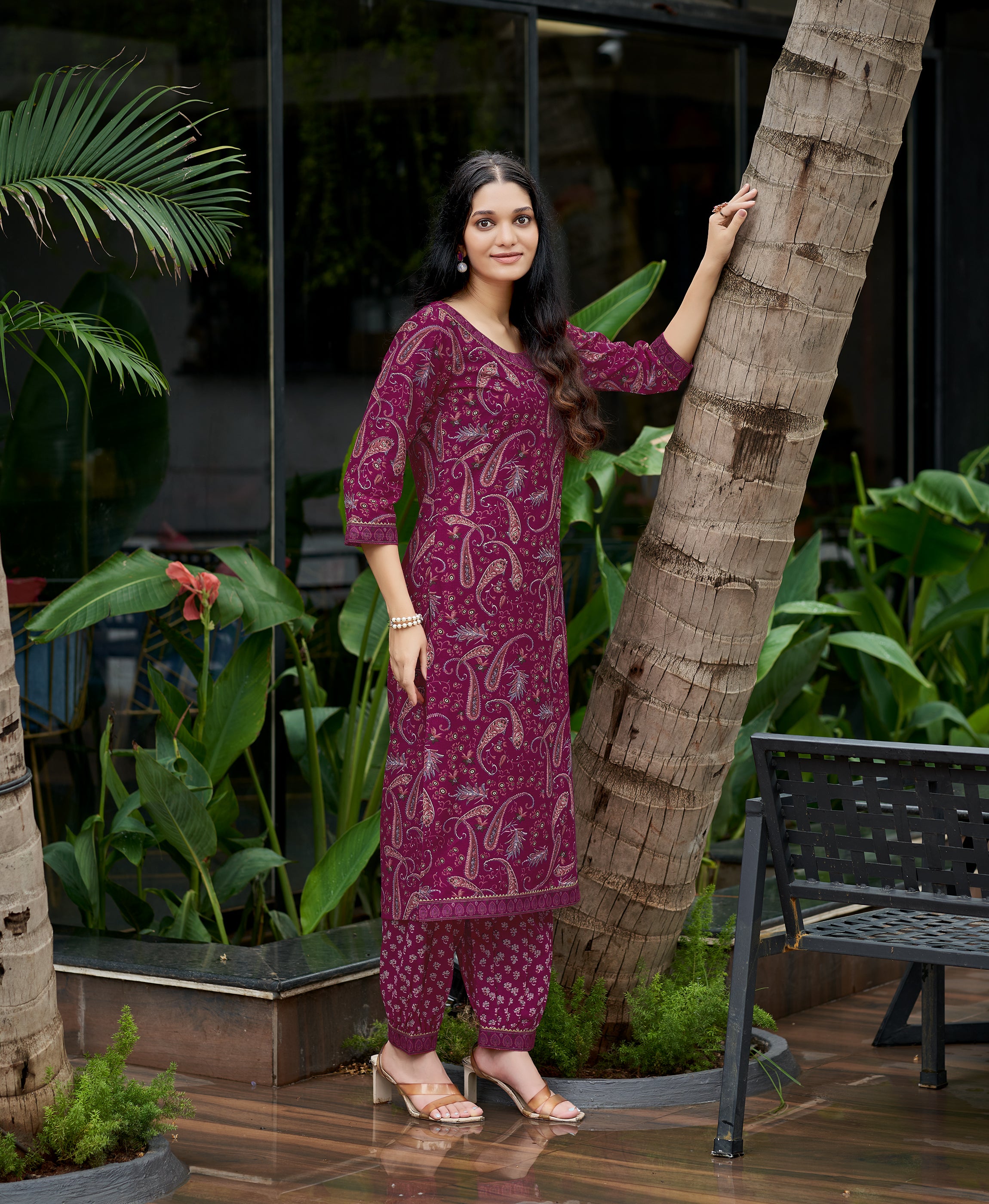 Dark Pink Cotton Embroidered Kurta Set