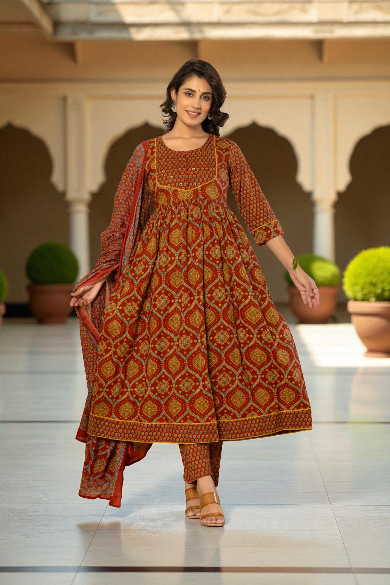 Floral Yoke Kurta Set with Printed Dupatta