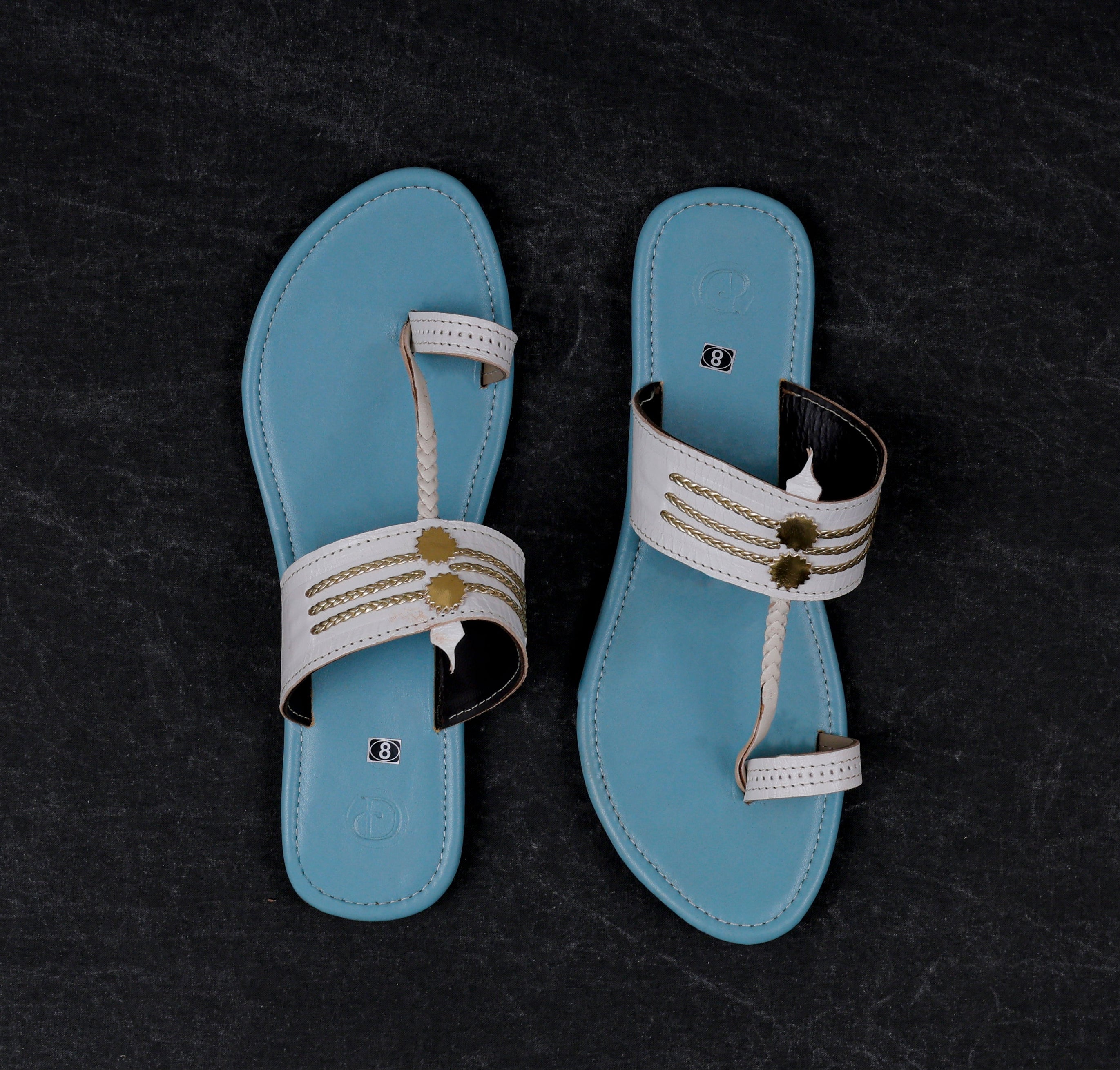Sky Blue Open Toe Artisan Leather Flats