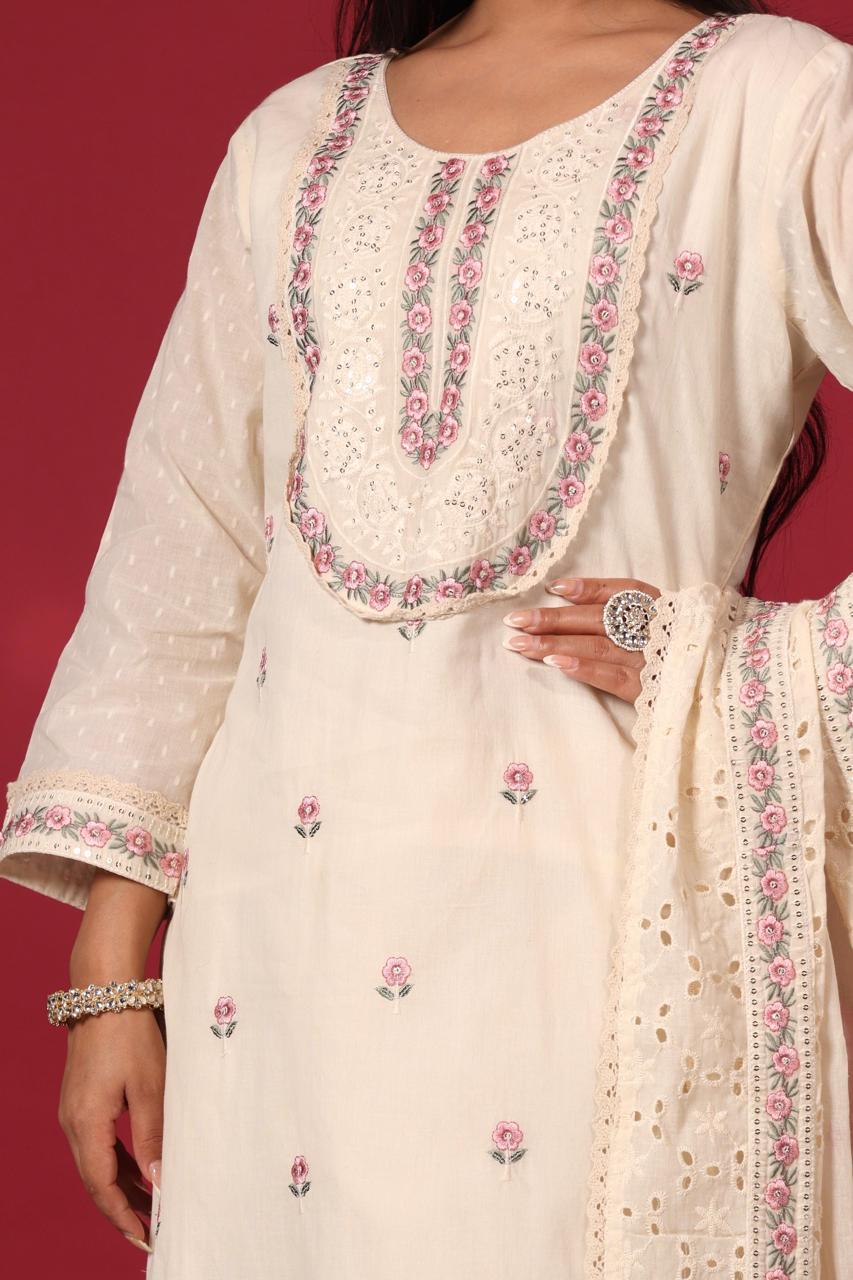 White Cotton Chikankari Embroidered Pakistani Suit