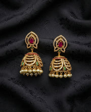 White CZ Jhumkas with Pink & Green Stones
