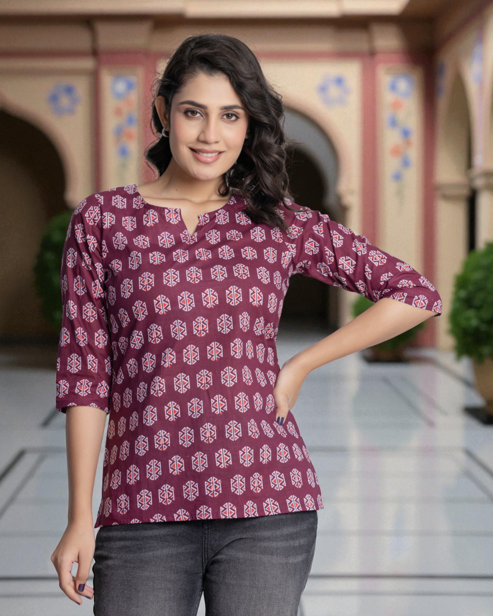 Geometric Print Cotton Floral Kurta