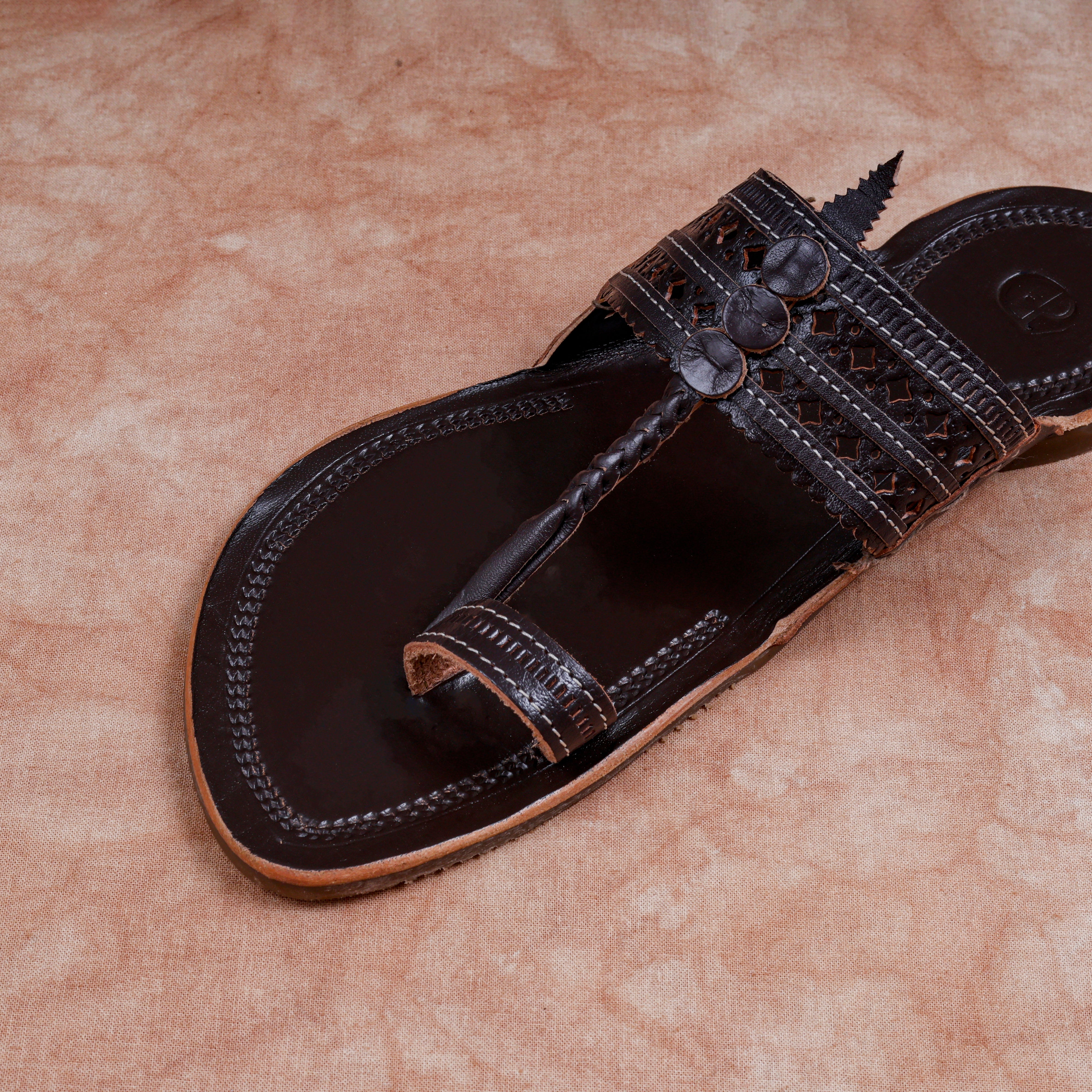 Dark Brown Glossy Leather Kolhapuri Sandals