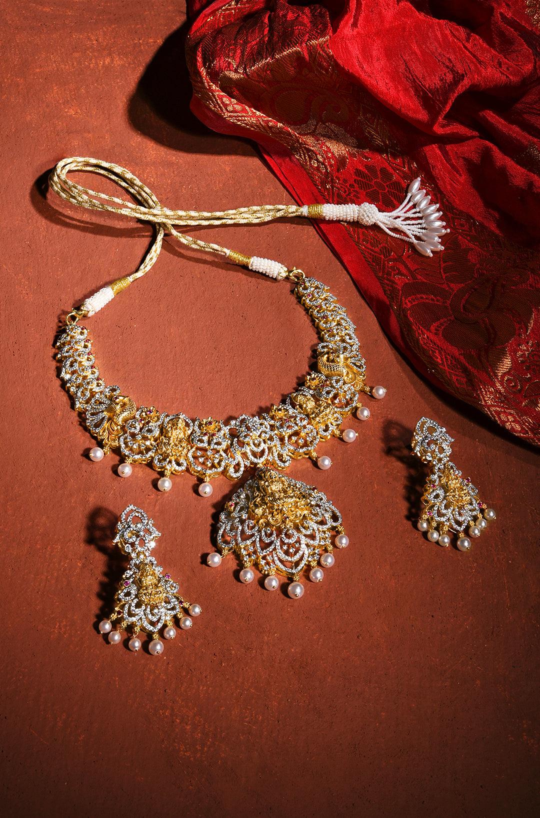 Golden Serenity CZ Temple Necklace Set - Dyulokha