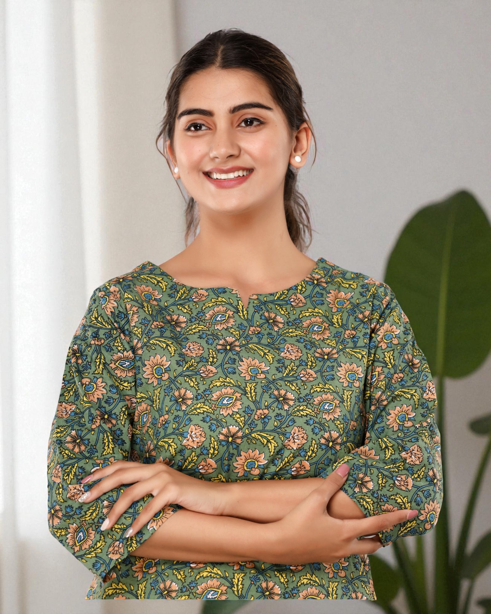 Mehendi Green Floral Cotton Night Suit
