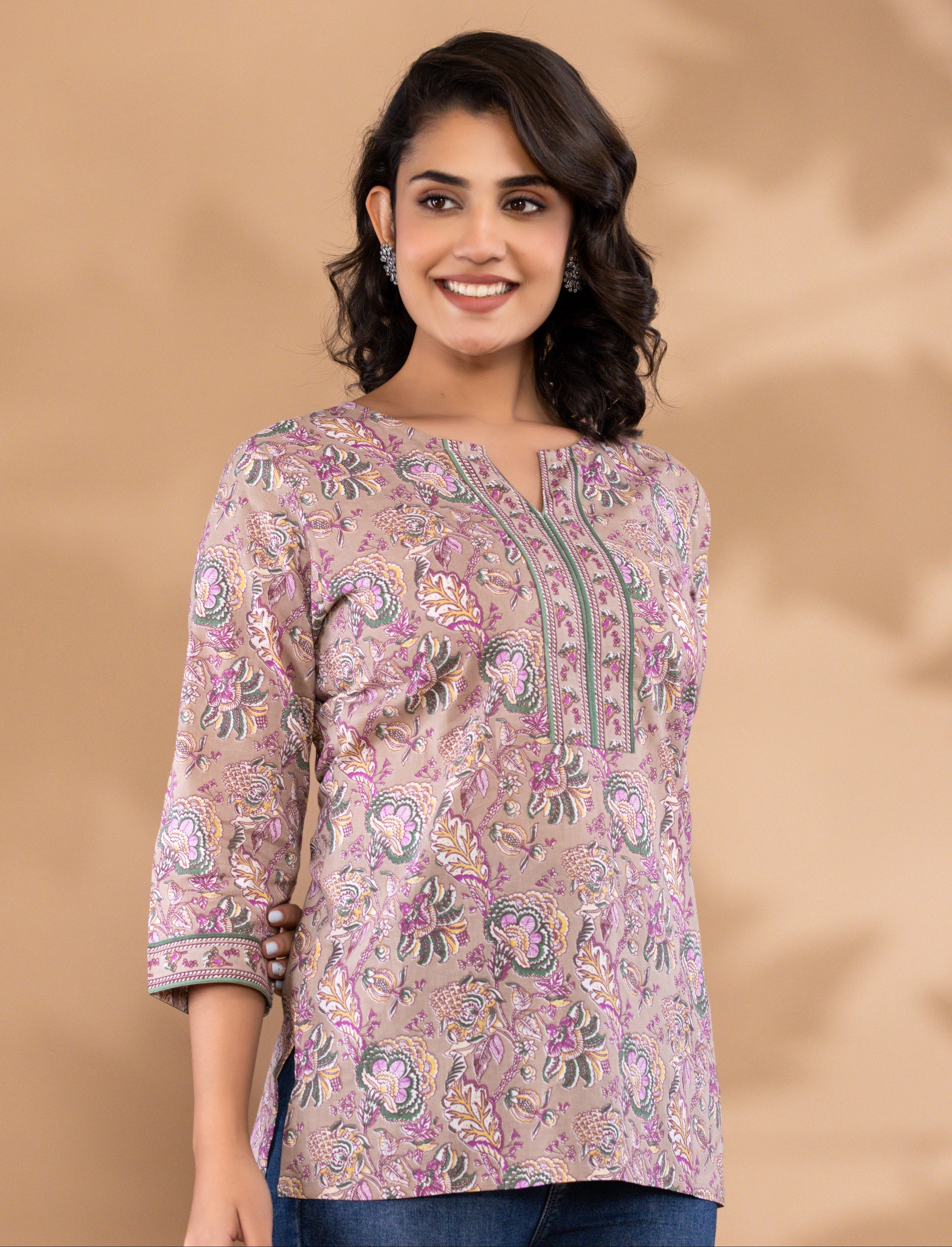 Beige Floral Printed Cotton Kurta