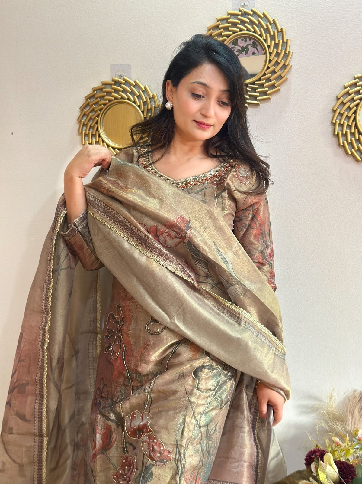 Golden Brown Beaded Floral Tissue Kurta Set