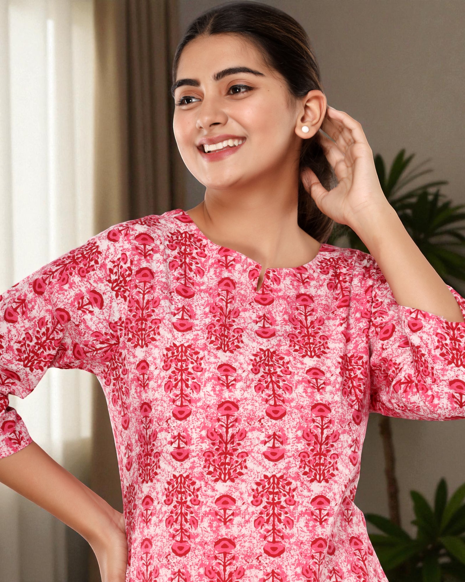 Pink Floral Cotton Night Suit