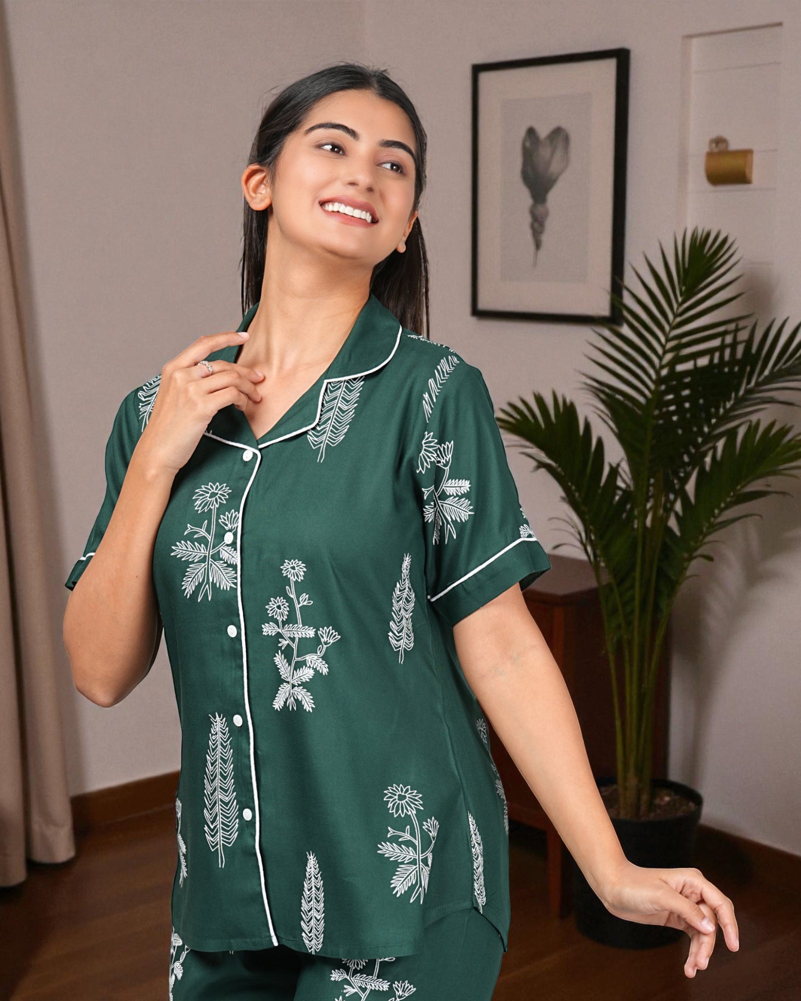 Bottle Green Floral Printed Cotton Night Suit