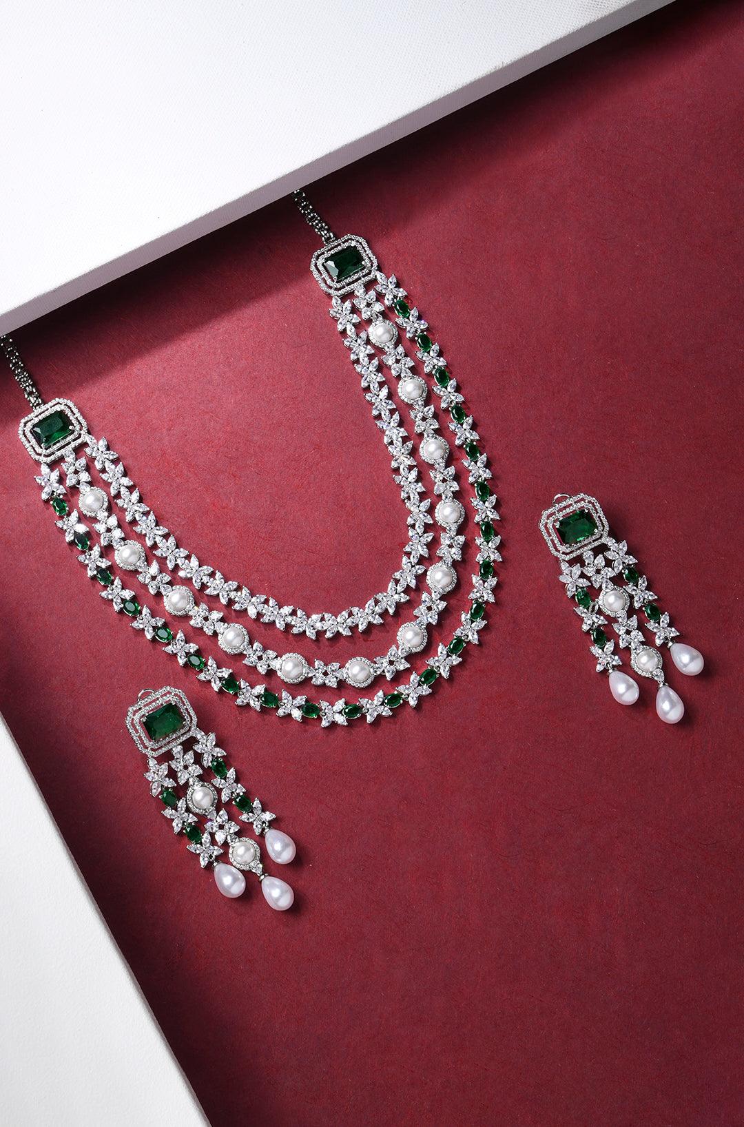 Emerald Elegance Layered Diamond Necklace Set - Dyulokha