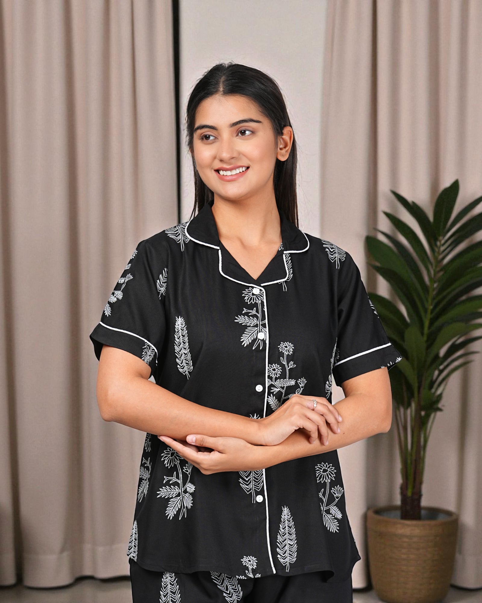 Black Floral Printed Night Suit