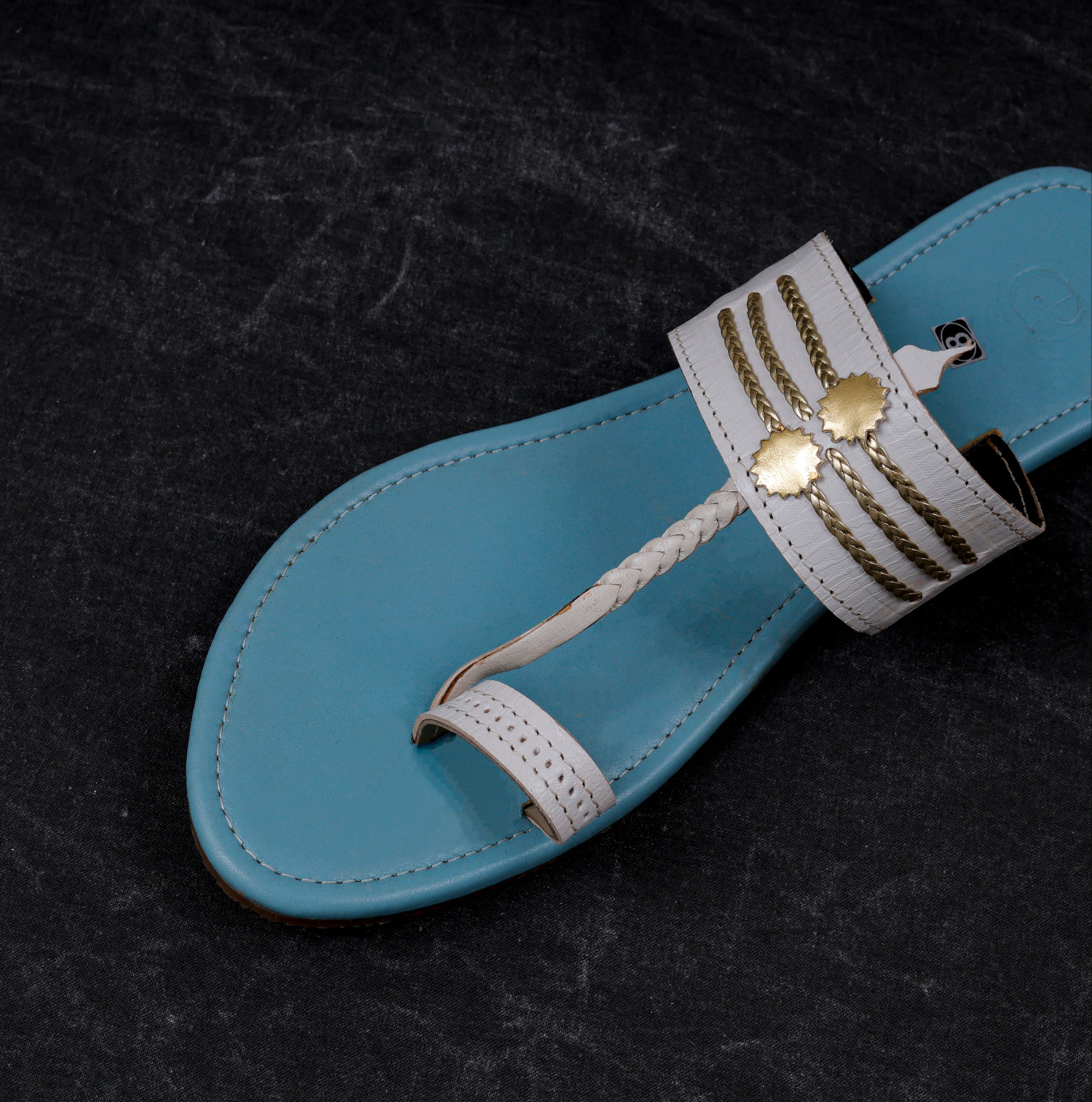 Sky Blue Open Toe Artisan Leather Flats