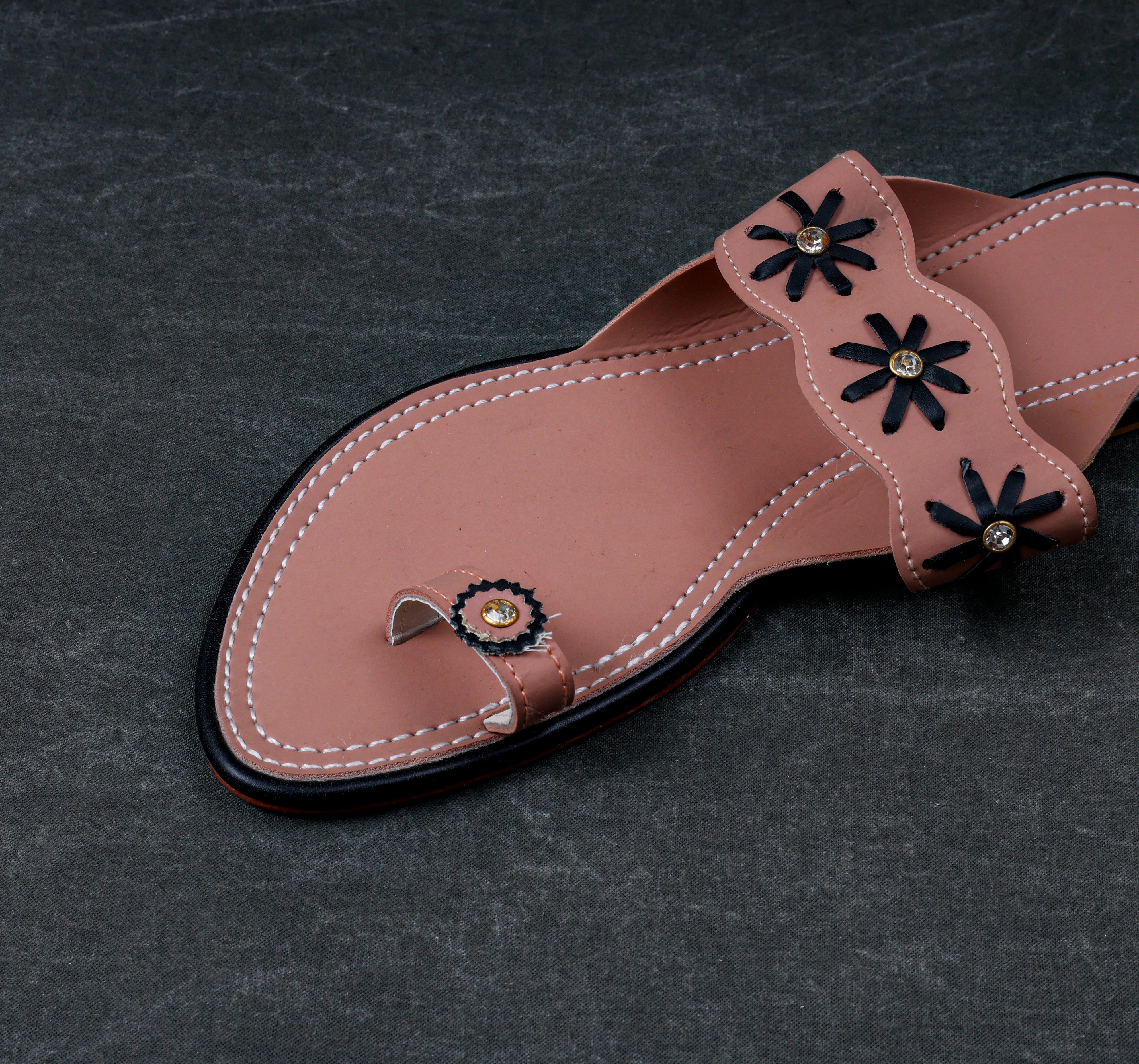 Peach Rexine Open Toe Ethnic Flats