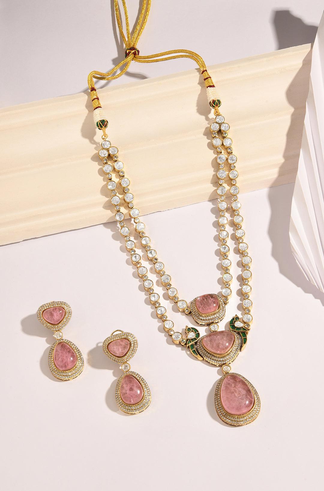Polki Pink Stone Double Layered Necklace Set - Dyulokha