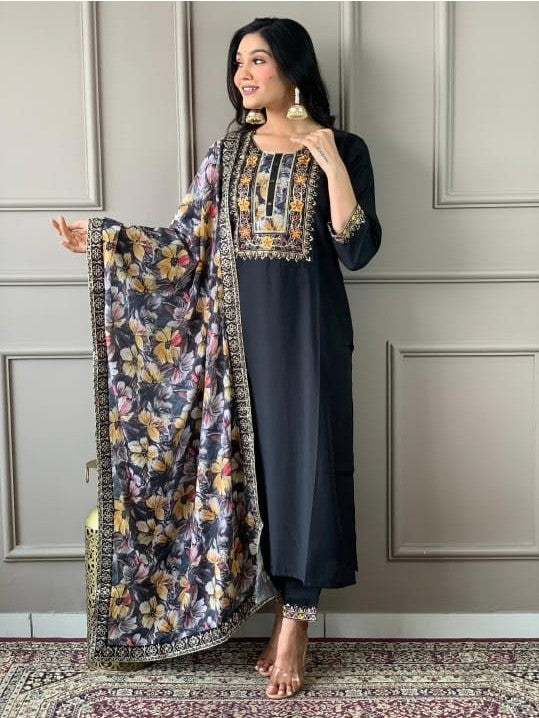 Black Chanderi Silk Floral Kurta Set