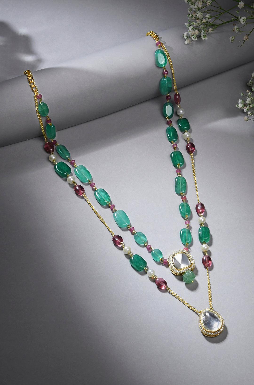 Mint Pearl Polki Pendant Cascade Necklace - Dyulokha