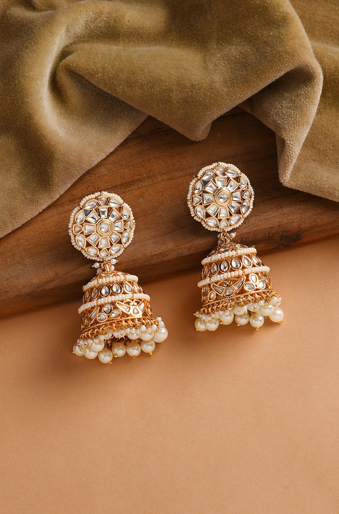 Gilded Elegance Kundan Pearl Jhumkas - Dyulokha