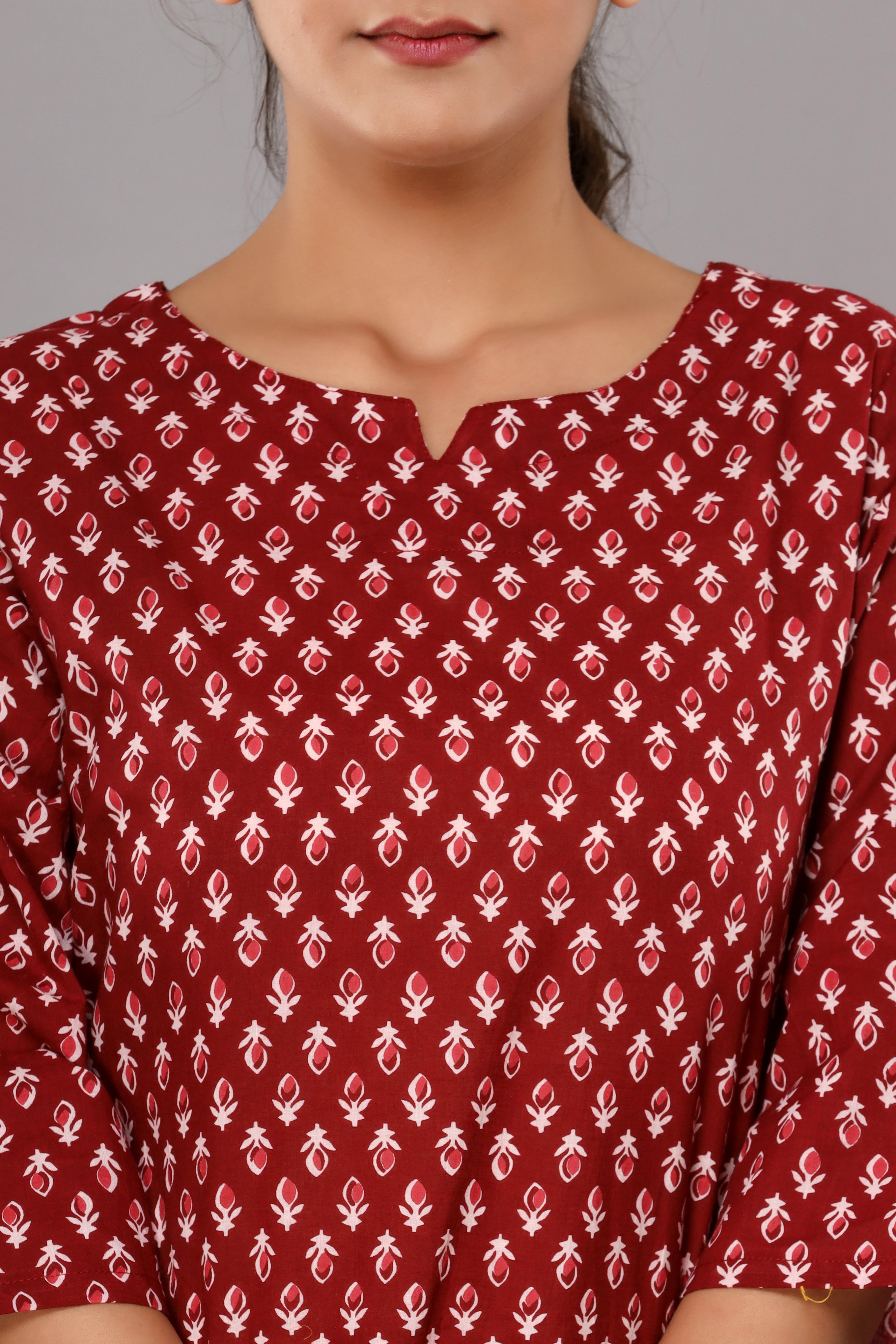 Maroon Floral Printed Cotton Night Suit