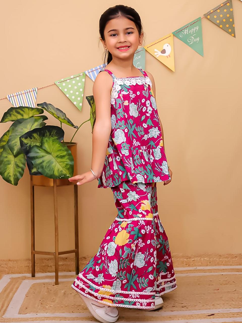 Floral Lace Ruffled Cotton Palazzo Suit