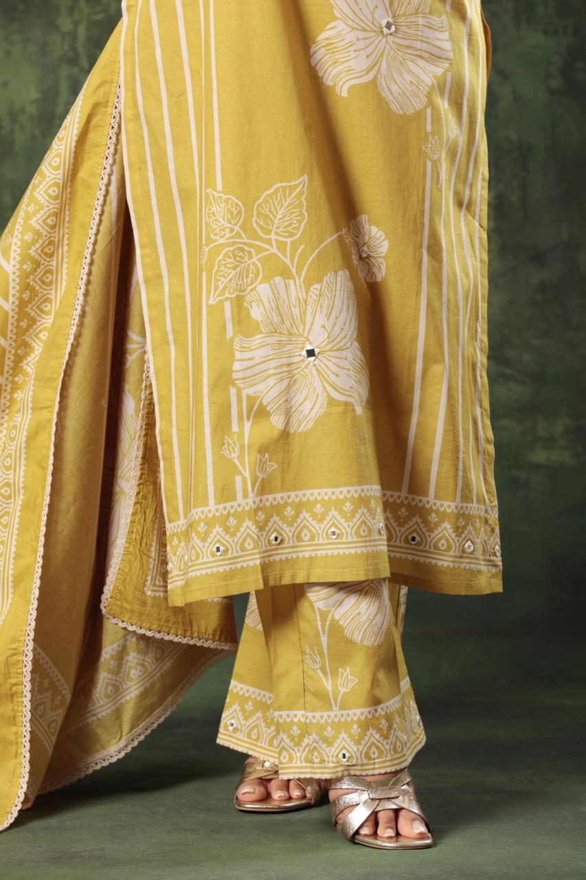 Beige Cotton Mirror Embroidered Kurta Set