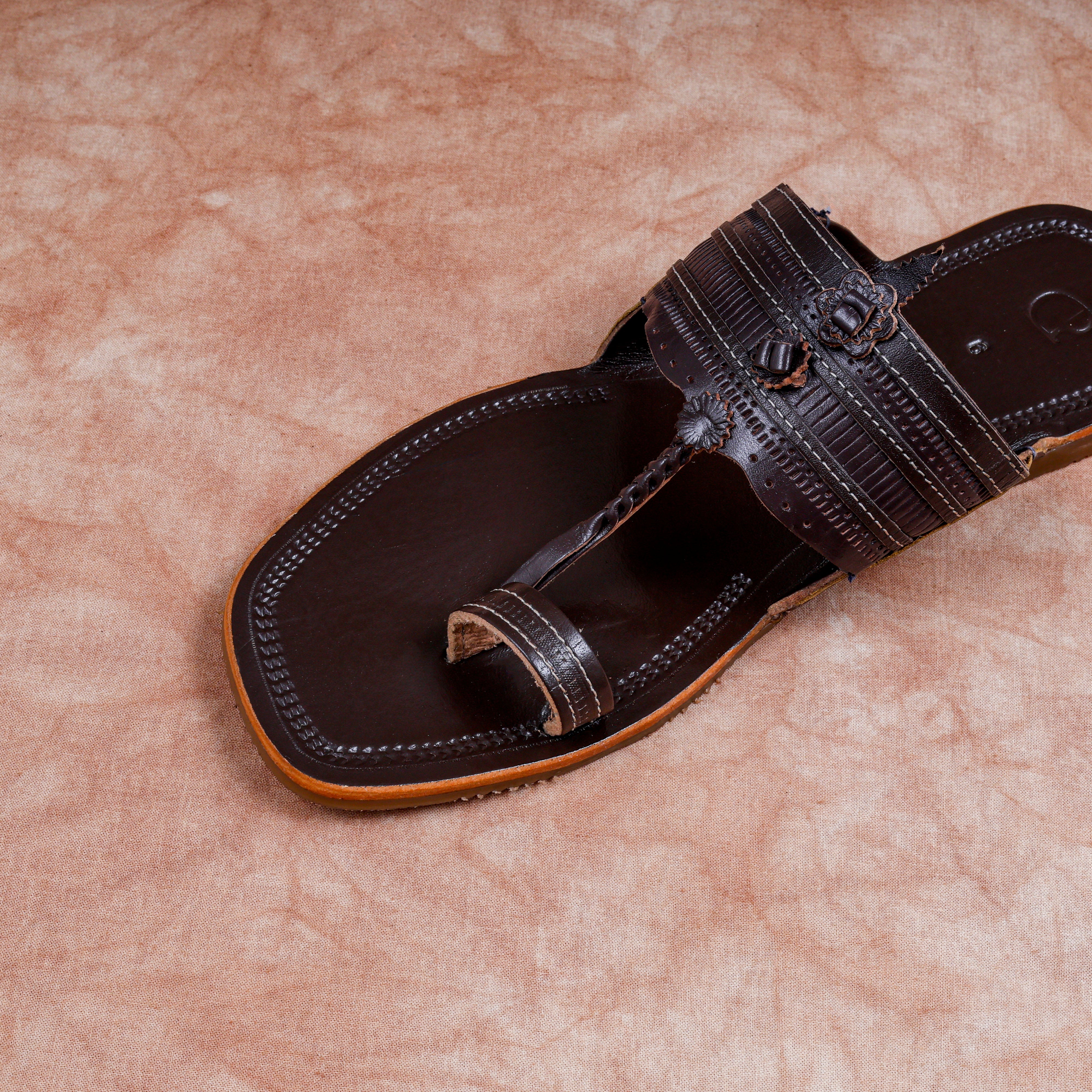 Dark Brown Heritage Patent Kolhapuri Sandals