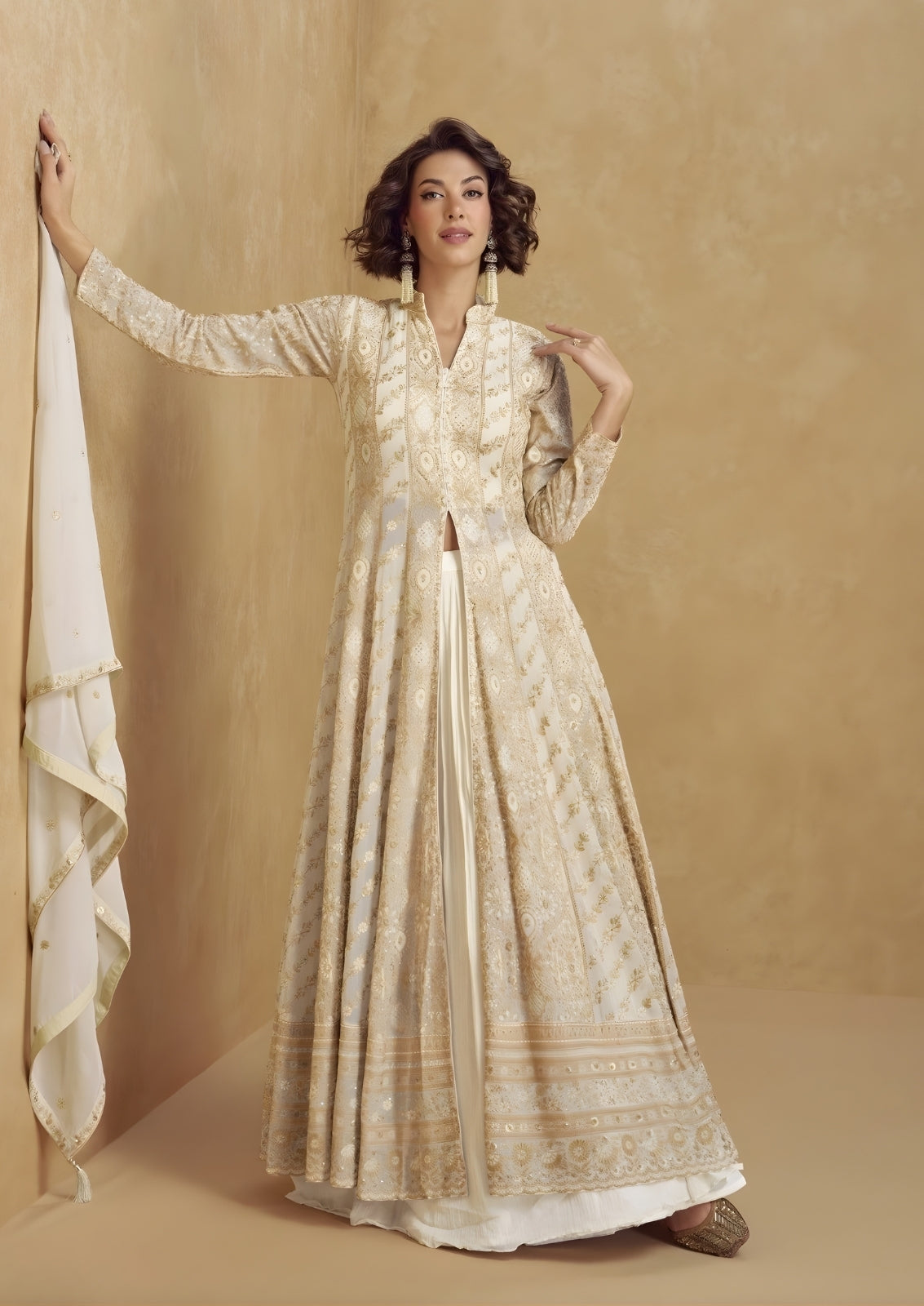 Half White Georgette Gown With Coat Style Shrug
