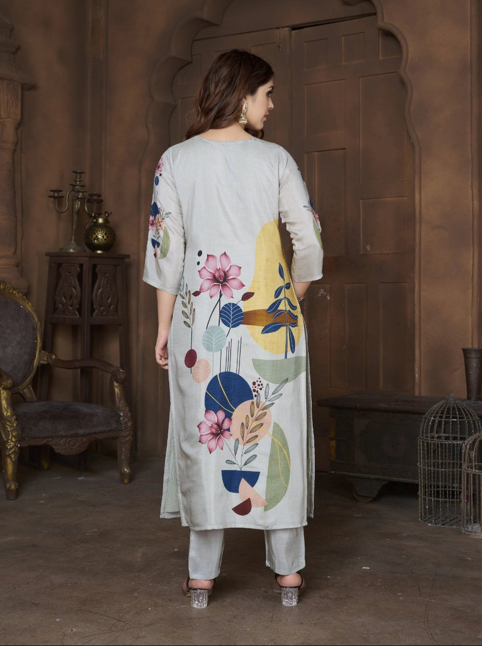 Light Gray Chinon Silk Floral Kurta Set