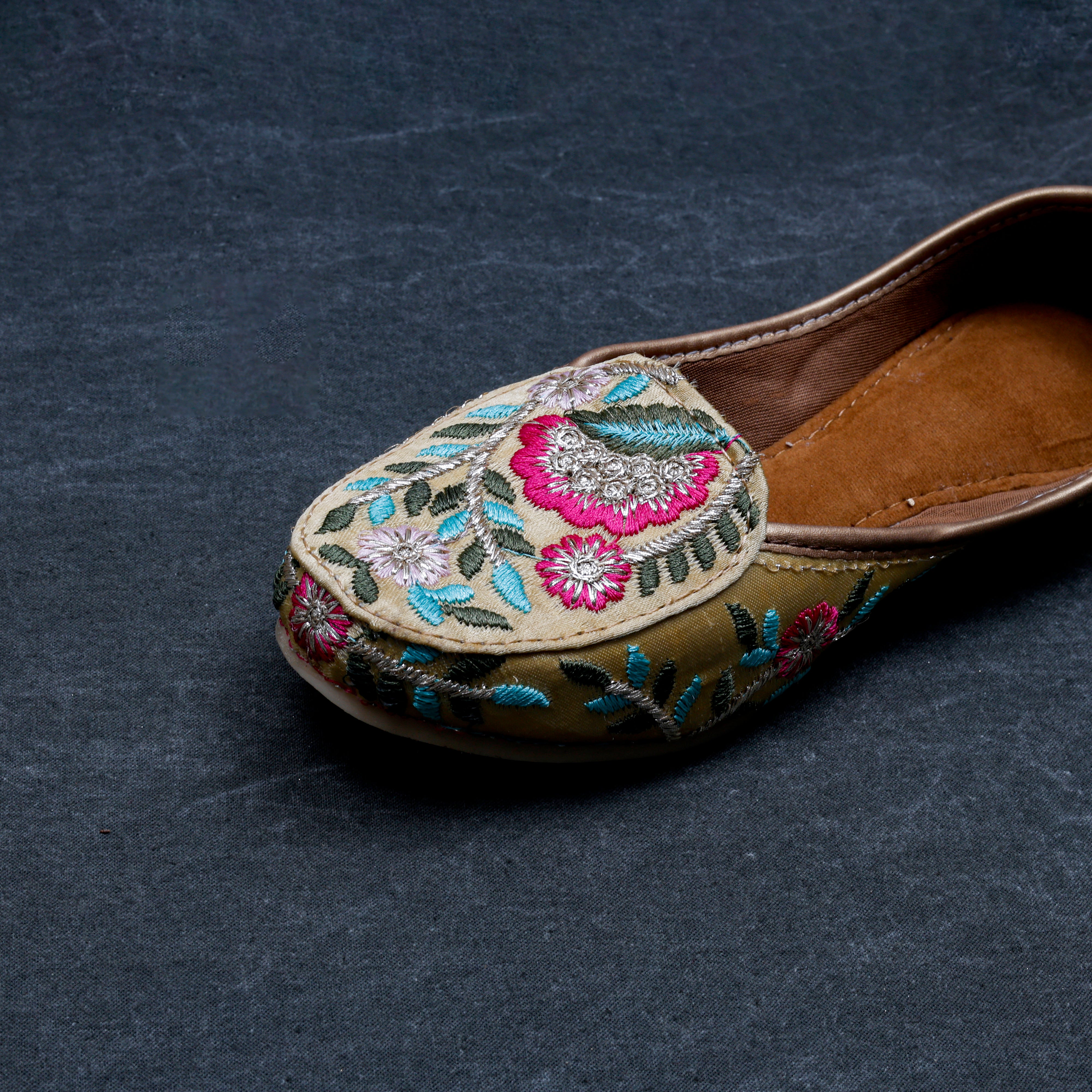Gold Two Tone Fabric Ethnic Loafers