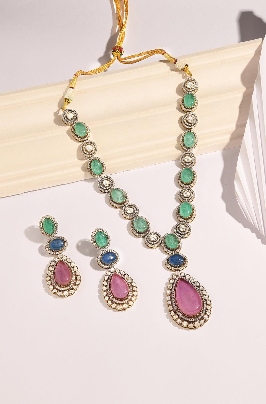Victorian Mint & Pink Polki Ensemble Set - Dyulokha