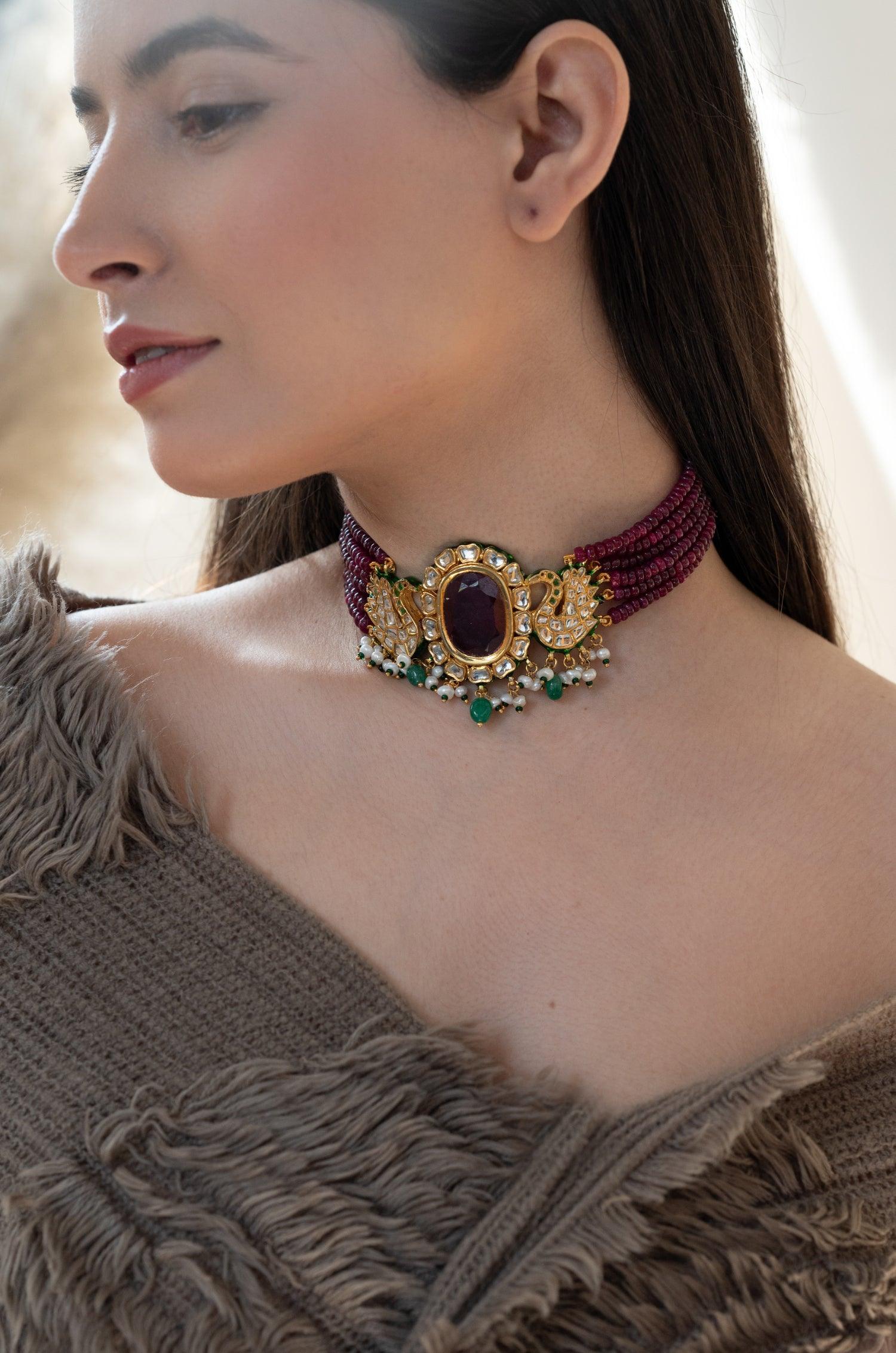 Crimson Kundan Choker Set - Dyulokha