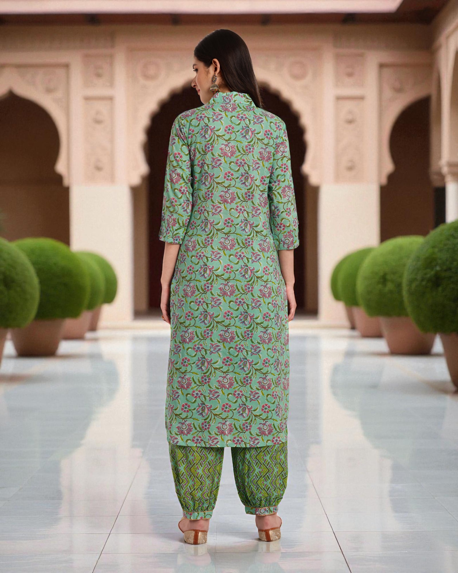 Floral Printed Cotton Kurta Set with Geometric Dupatta