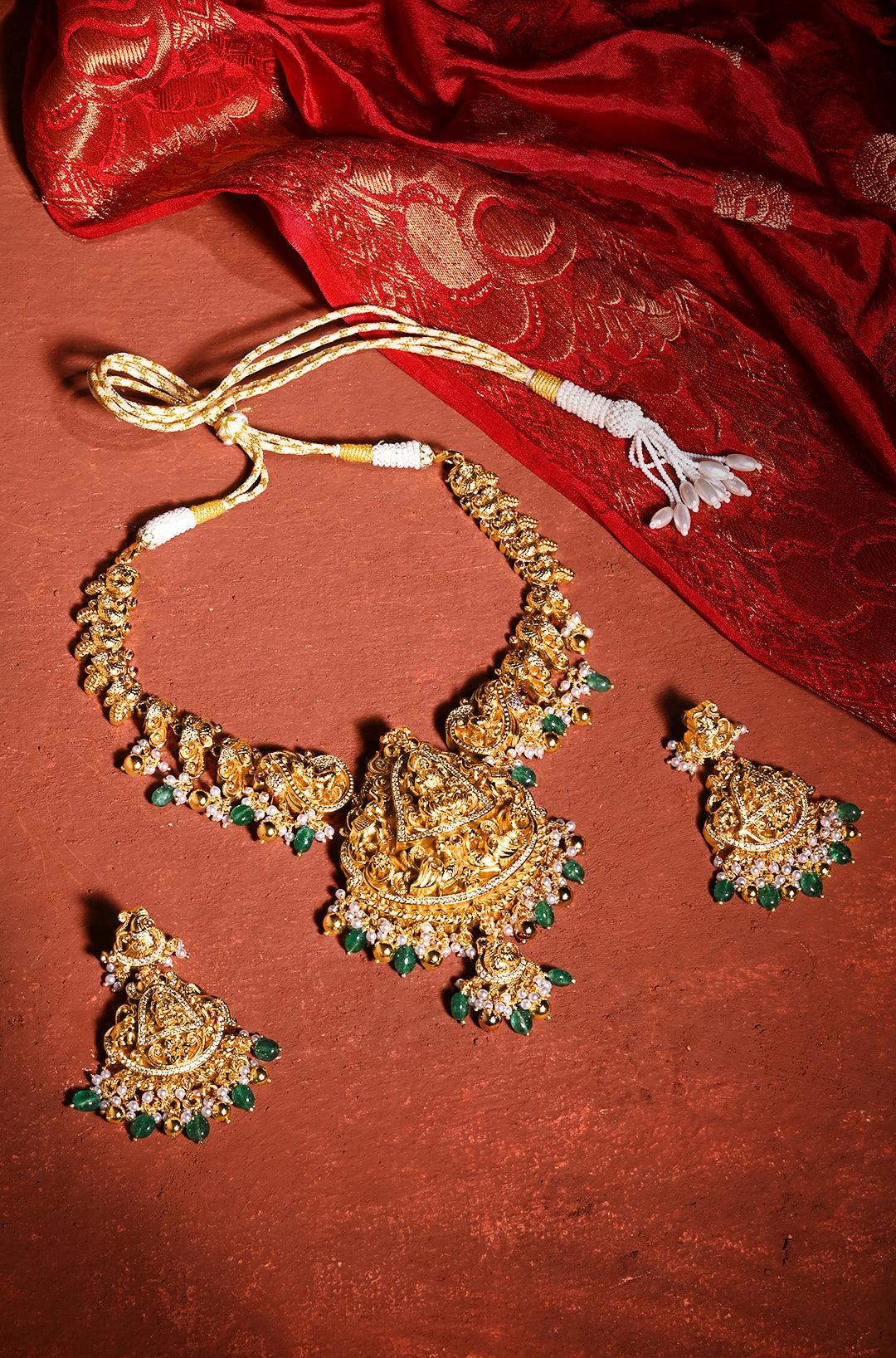 Golden Serenity Beaded Temple Necklace Set - Dyulokha
