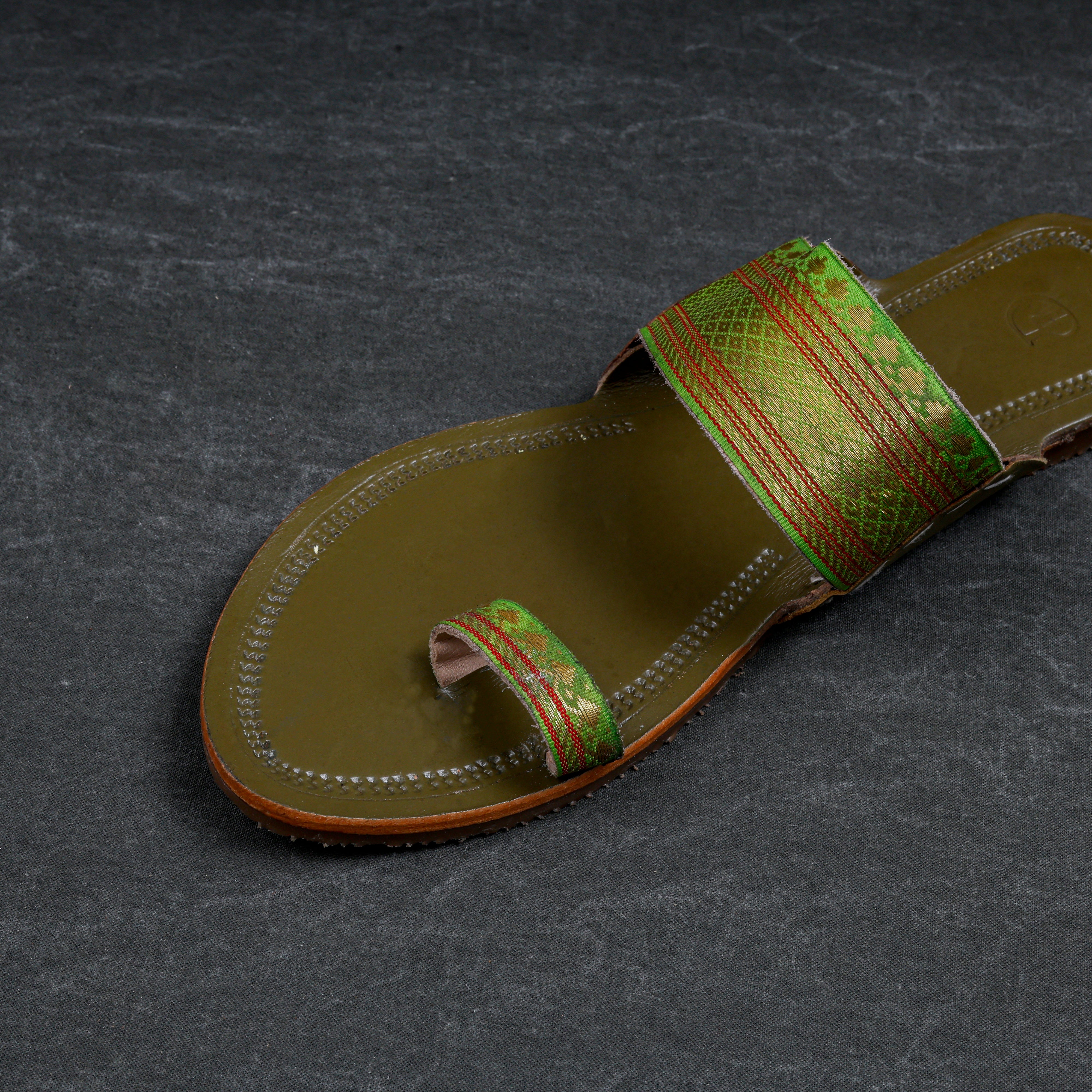 Olive Green Artisan Leather Open Toe Flats