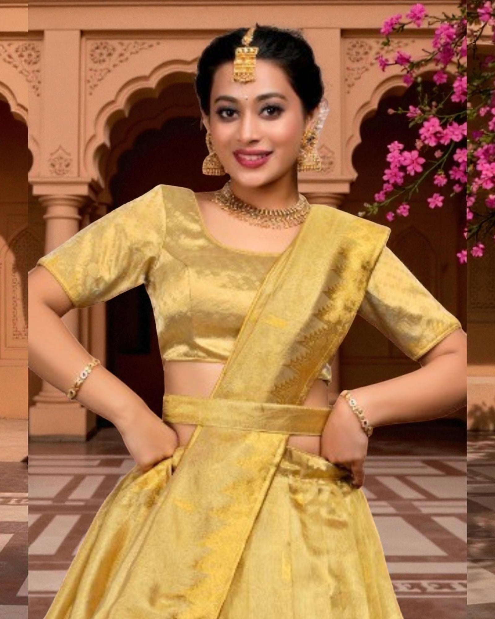 Semi Stitched Gold Zari Half Saree