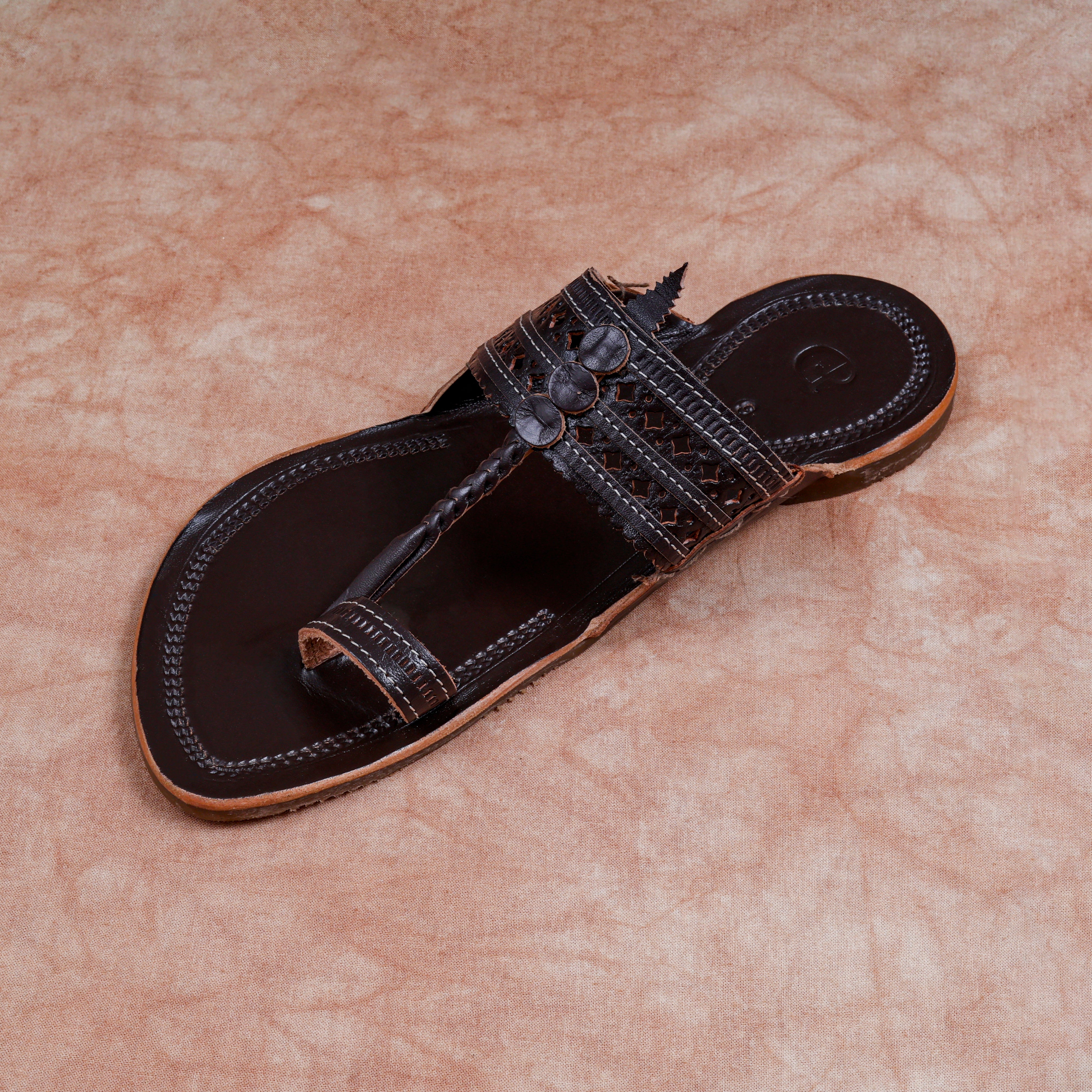 Dark Brown Glossy Leather Kolhapuri Sandals