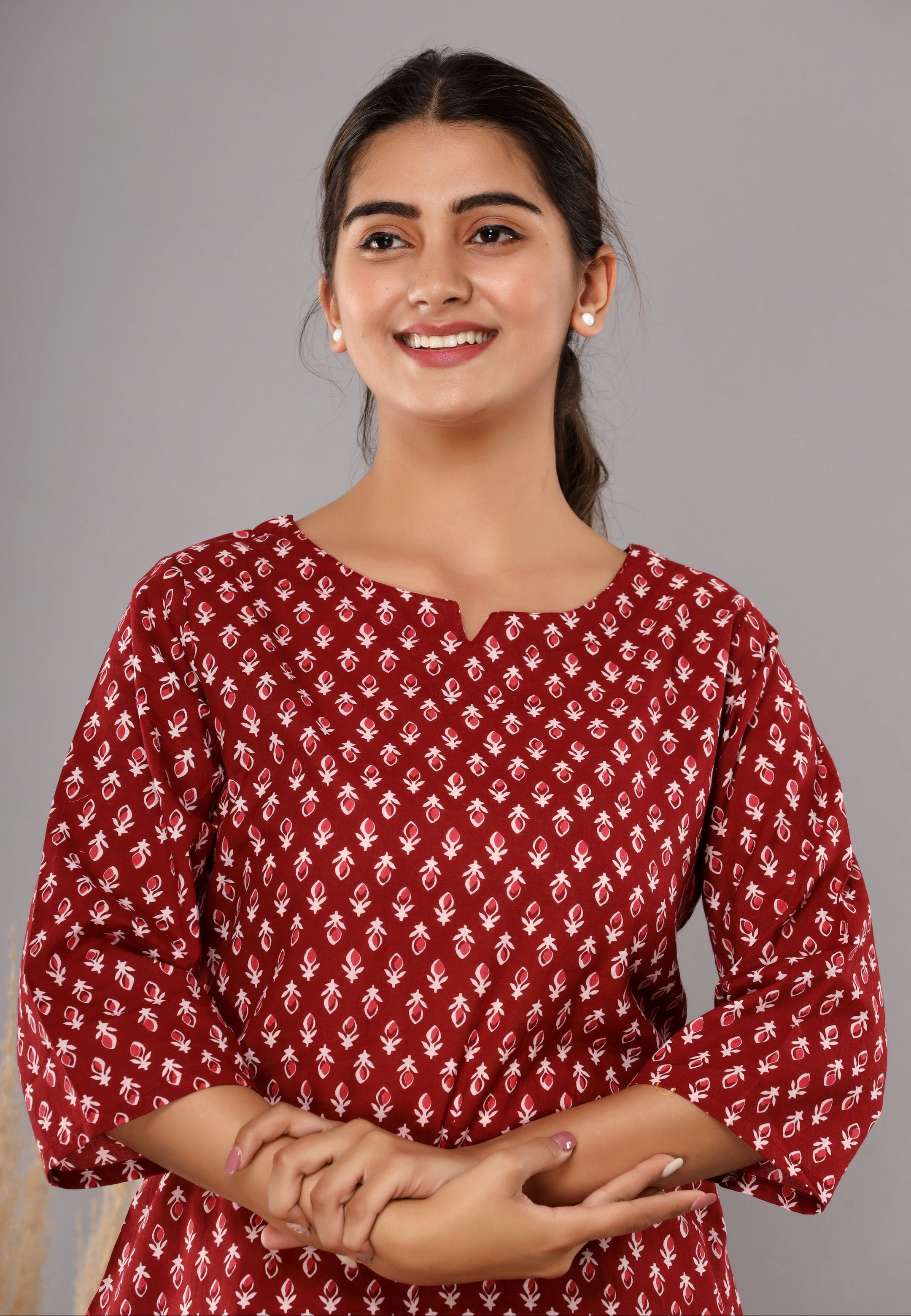 Maroon Floral Printed Cotton Night Suit